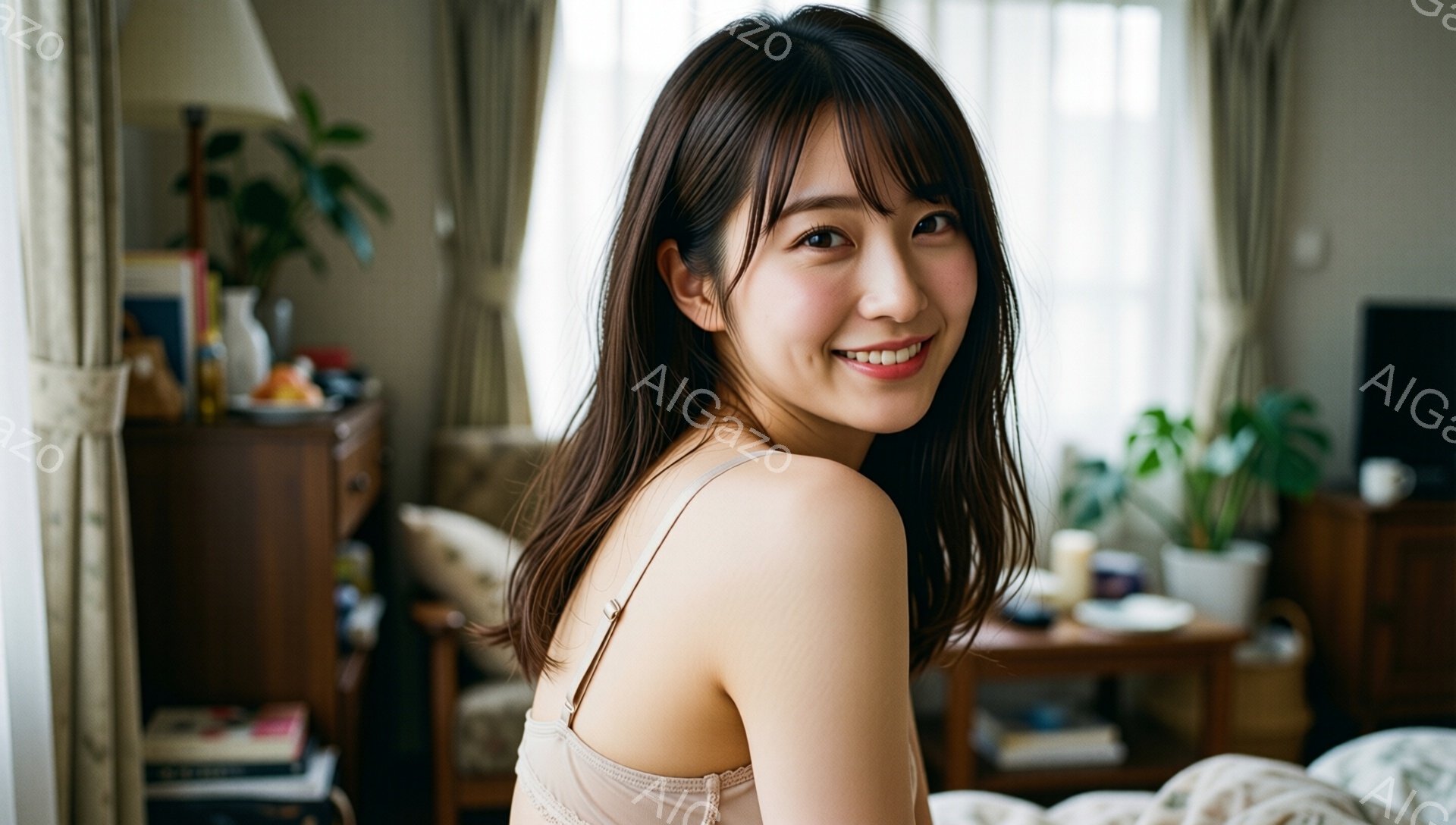 長い茶色の髪を肩まで垂らし、前髪は少しふんわりとさせている女性が写っている。白いキャミソールを着ており、穏やかな笑顔でカメラを見つめている。背景には木製の家具や観葉植物が見え、居心地の良いリビングルームの雰囲気を感じさせる。