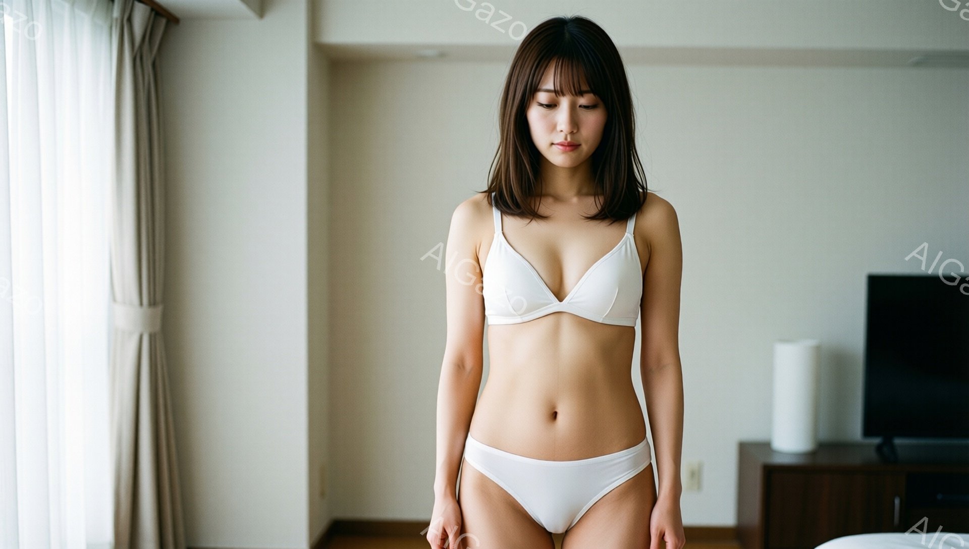 長い茶色の髪を持つ若い女性が白い下着姿で立っています。彼女は少しうつむき加減で、控えめな表情をしています。背景にはクリーム色の壁と白いカーテン、木製の家具が見え、ホテルの部屋のような室内空間が広がっています。