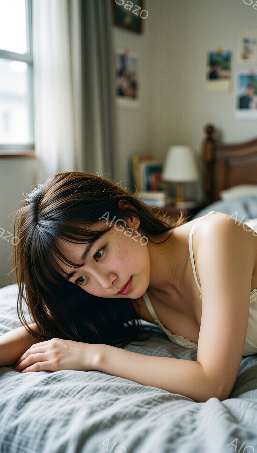 浅黒い髪にそばかすが特徴的な若い女性が、白いキャミソールを着てベッドに横たわっています。彼女は肘をつき、片手を顔の近くに添えて、リラックスした雰囲気でカメラを見つめています。背景には、写真やランプが置かれたベッドサイドテーブルが見え、暖かく穏やかな部屋の様子が伺えます。