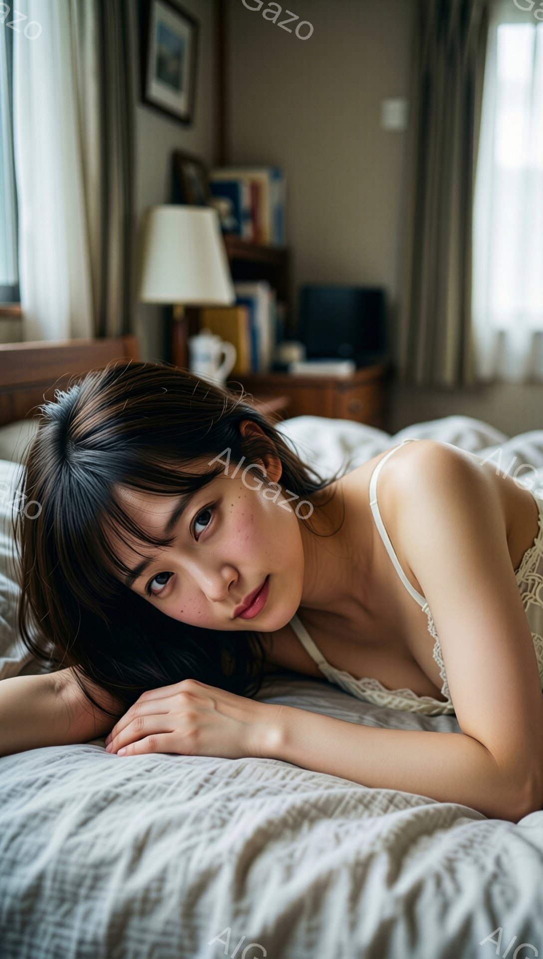 長い黒髪で、前髪が目の上にかかる女性がベッドに横たわっています。淡い色のレースのキャミソールを着ており、わずかに微笑み、カメラに向かって顔を傾けています。背景には、ランプや本棚のある部屋の一部が見え、全体的に柔らかく優しい雰囲気が漂っています。