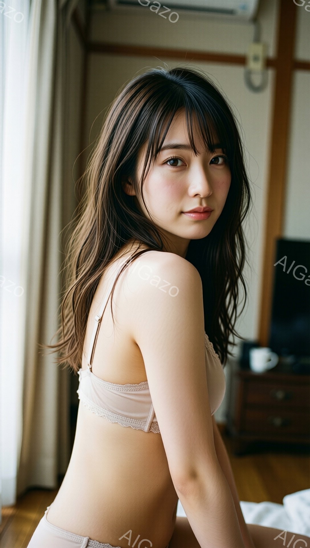 長い黒髪の女性が、ベージュ色のレースのブラジャーとショーツ姿で、少し振り返ってこちらを見ている。室内は明るく、木製の家具やベッドが配置され、リラックスした雰囲気を感じさせる。彼女の表情は穏やかで、自然 - AI生成フリー素材