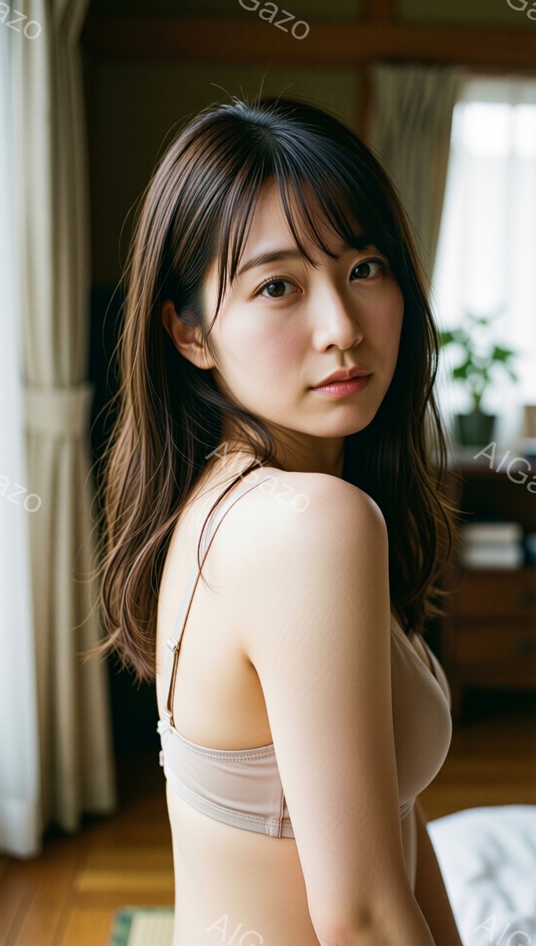 長い茶色の髪は肩にかかり、ゆるいウェーブがかかっています。女性は薄い色のブラレットを着用し、わずかに振り返ってカメラを見ています。背景には木製の家具と窓があり、室内が柔らかい光で照らされています。 - AI生成フリー素材