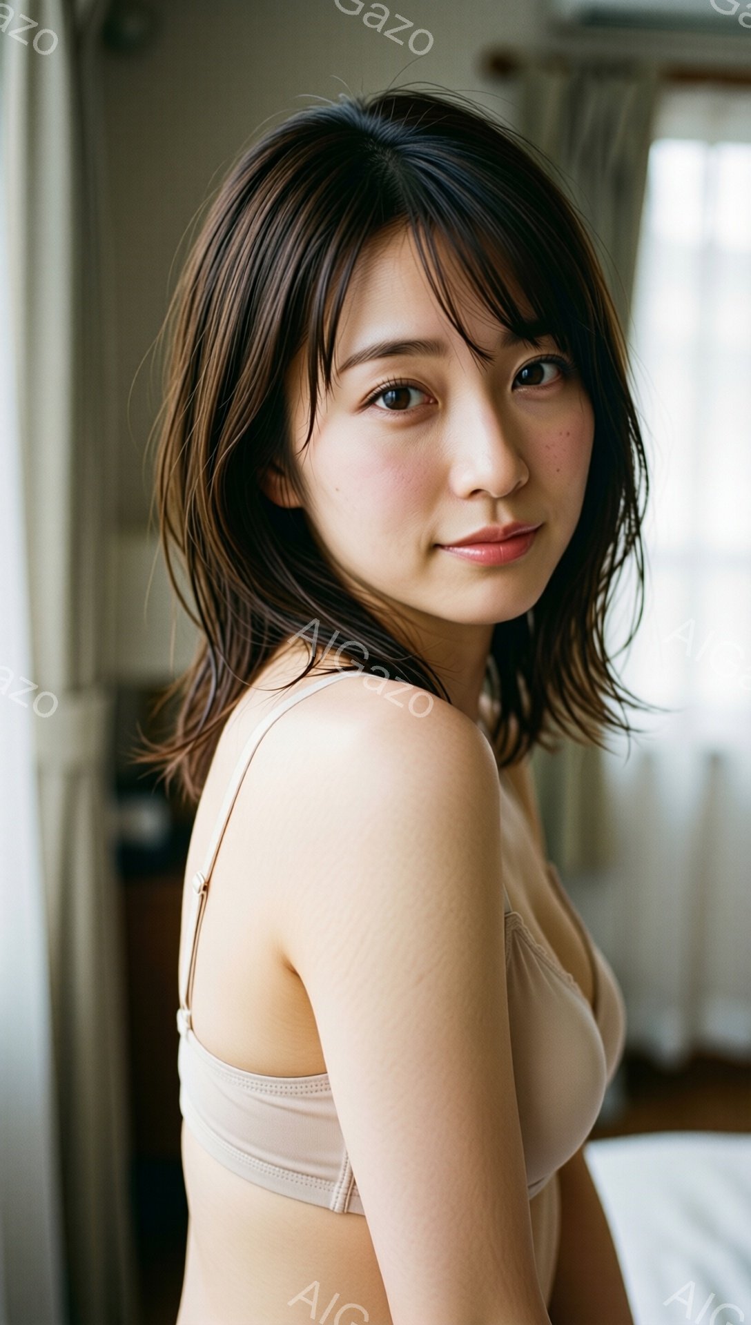 画像は、肩出しのベージュ色のキャミソールを着た若い女性を捉えています。彼女は肩までの長さのダークブラウンの髪型で、少し微笑んでおり、リラックスした表情をしています。背景はぼやけていますが、室内で白いカーテンとベッドの一部が見え、全体的に柔らかく穏やかな雰囲気が漂っています。