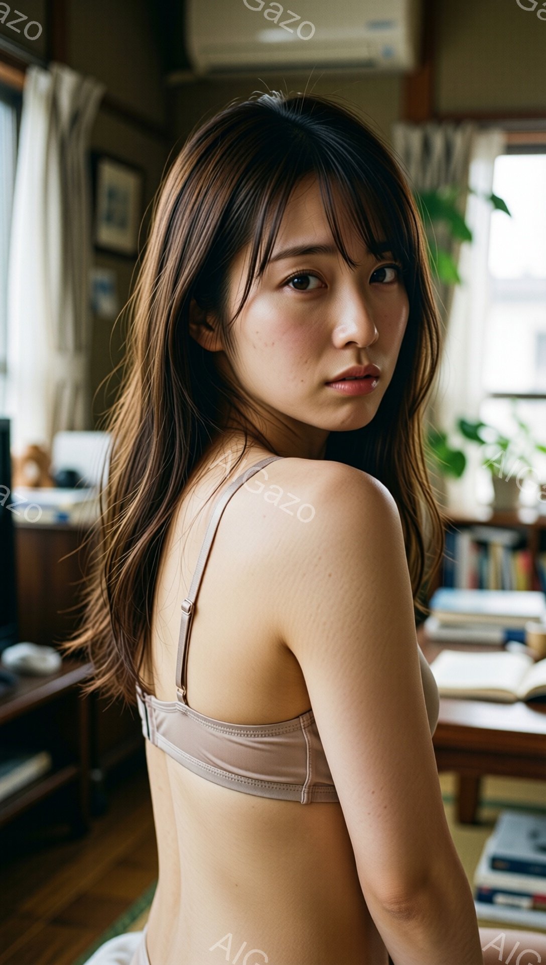 長い茶色の髪をした女性が、薄いベージュ色のブラレットと白い下着姿でカメラに向かって振り返っています。彼女は少し微笑み、少し憂いを帯びた表情で、視線は穏やかです。背景には木製の家具や本棚が見え、室内の穏 - AI生成フリー素材