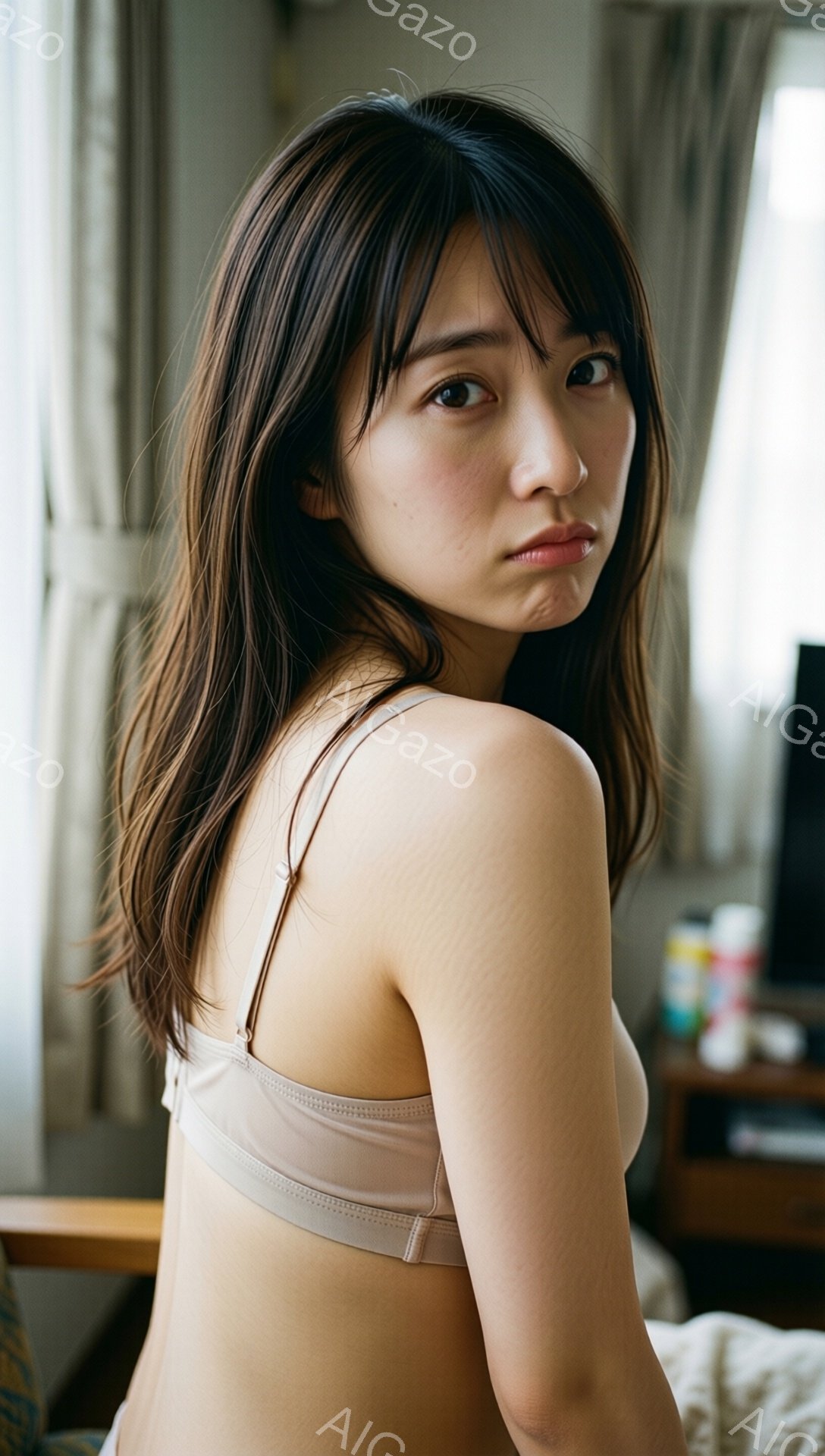 長いダークブラウンの髪は肩にかかり、少しウェーブがかかっている。女性は薄いピンクのキャミソールを着ており、少し振り返ってこちらを見ている。背景には家具や植物が見え、室内でリラックスした雰囲気が漂ってい - AI生成フリー素材