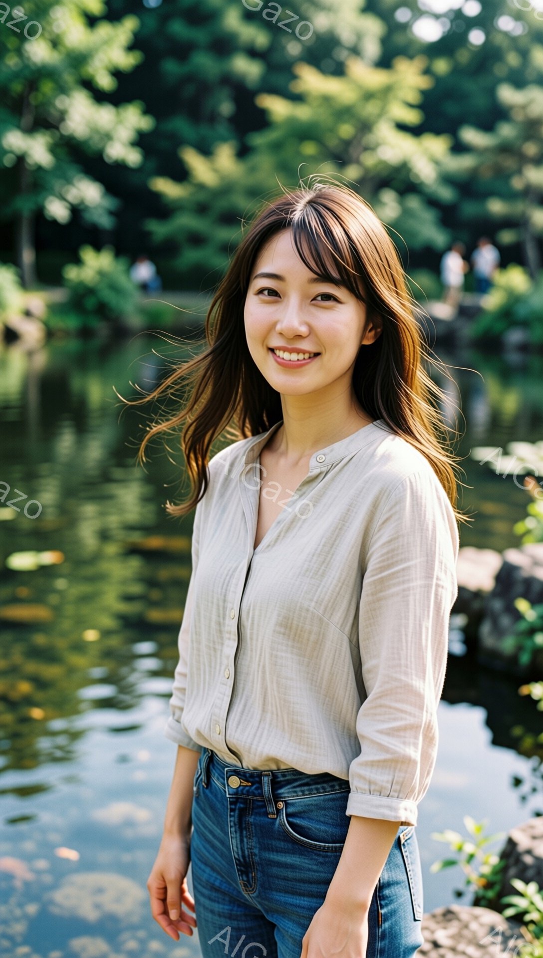 長い茶色の髪をセンターパートにした女性が、ベージュ色のシャツと濃いブルーのジーンズを着て立っています。彼女は微笑んでおり、リラックスした表情で、わずかに体を傾けています。背景には緑豊かな木々と水面が見 - AI生成フリー素材