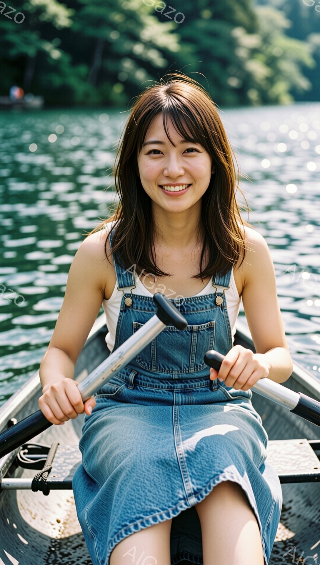 画像は、水上にてボートを漕ぐ女性を捉えている。彼女は白いタンクトップにデニムのオーバーオールを着ており、肩まで伸びた髪は少し無造作に肩にかかっている。彼女は微笑んでおり、穏やかで爽やかな雰囲気が漂っている。