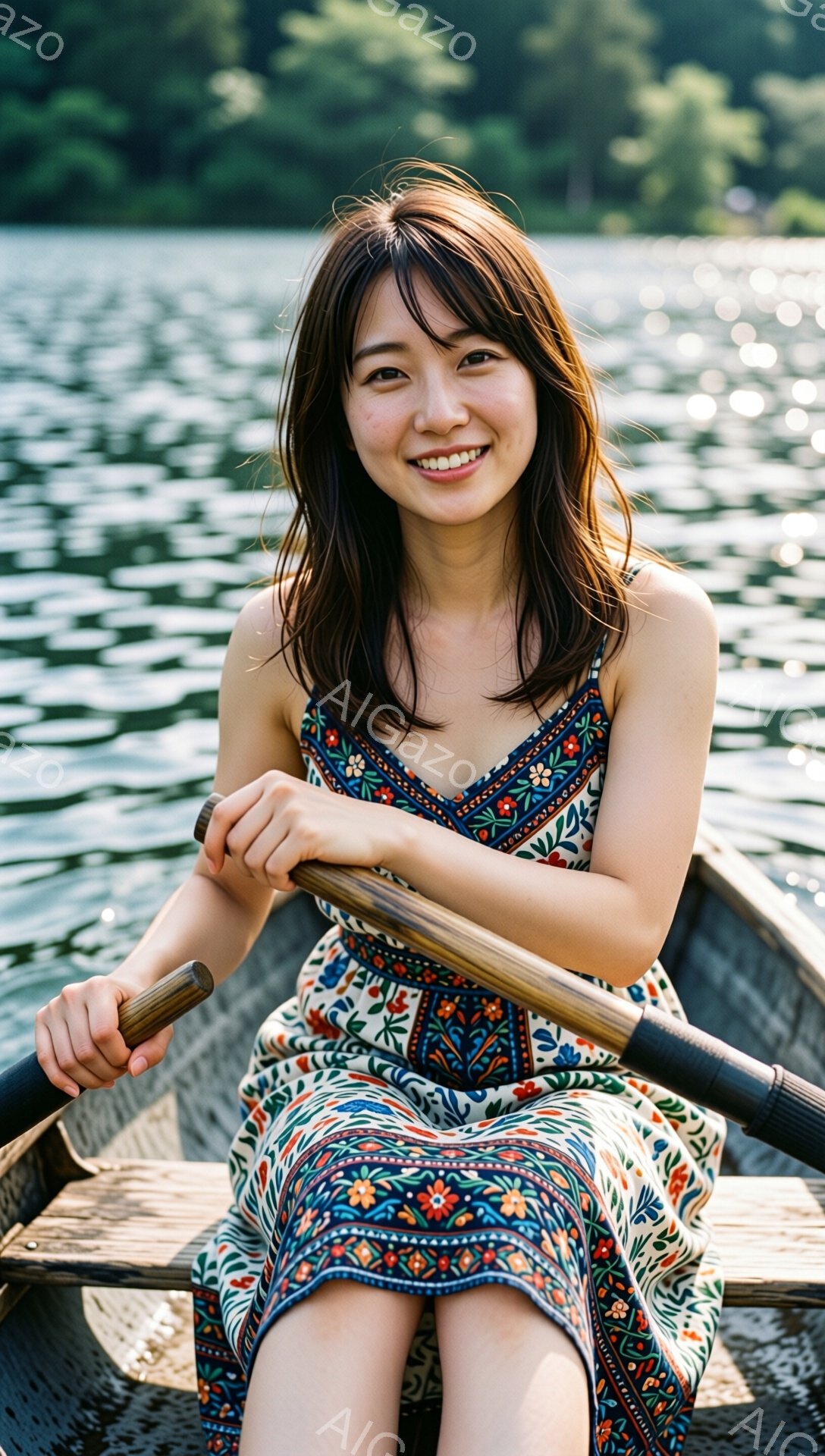 長い黒髪を肩にかかるように下ろし、明るい笑顔を浮かべた女性が写っている。鮮やかな青と白を基調とした民族調のワンピースを着て、ボートのオールを握り、水面を見つめている。背景は緑豊かな自然で、穏やかな水面 - AI生成フリー素材