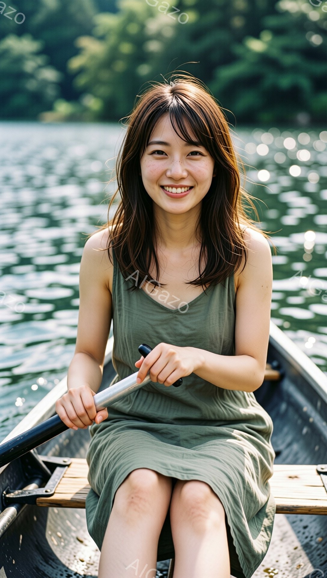 緑色のワンピースを着た若い女性が、ボートの中に座って漕ぎ手で水を漕いでいます。彼女は笑顔で、茶色の長い髪は肩にかかっています。背景は水面と緑豊かな自然で、穏やかで平和な雰囲気が漂っています。