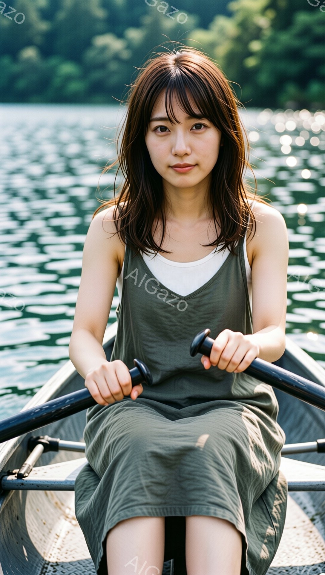 長い茶色の髪を無造作にまとめた女性が、ボートのオールを握ってこちらを見ている。オリーブグリーンのキャミソールワンピースの上に白いタンクトップを重ね着しており、リラックスした表情で穏やかな雰囲気を醸し出している。背景は水面と緑豊かな自然で、晴れた日の穏やかな湖の風景が広がっている。