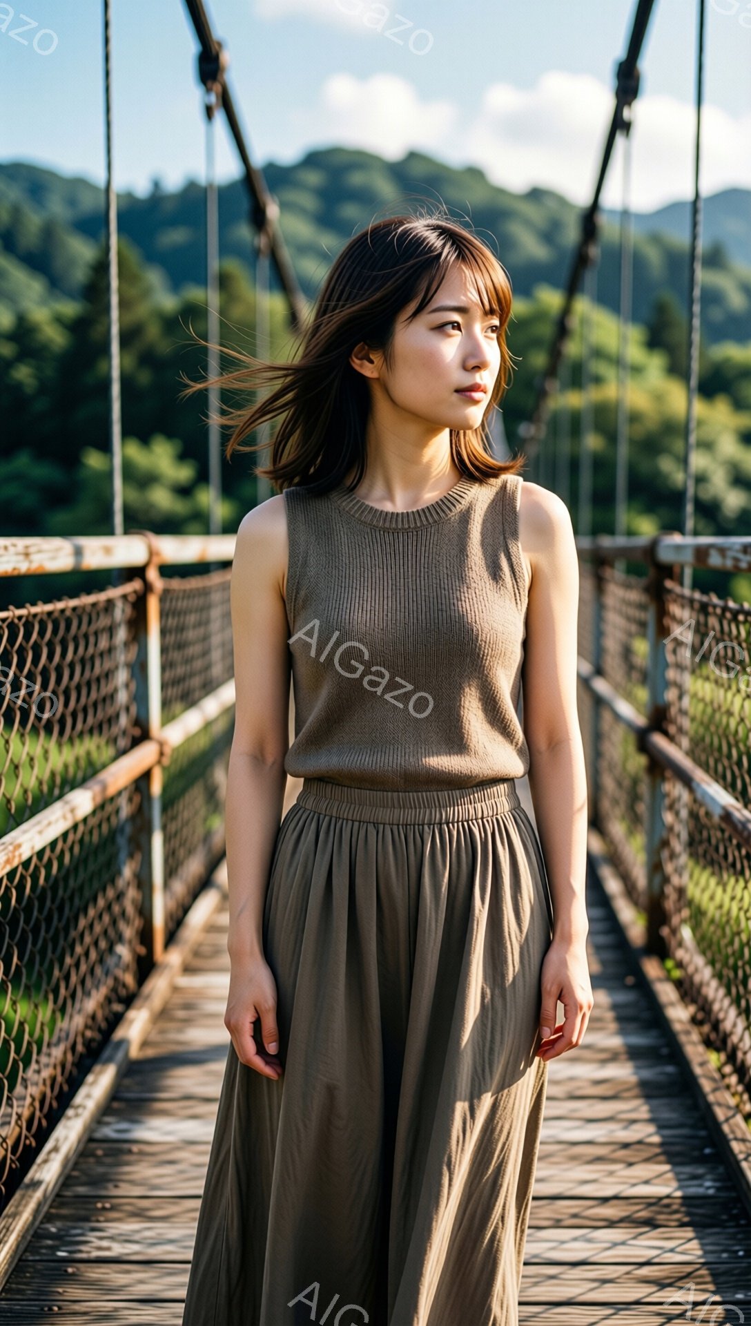 画像には、吊り橋の上を歩く女性が写っています。彼女はベージュのニットベストと、同じ色のプリーツスカートを着用し、ゆるく巻いた髪が風になびいています。背景には緑豊かな山々が広がり、天候は晴れで、全体的に穏やかで自然な雰囲気が漂っています。