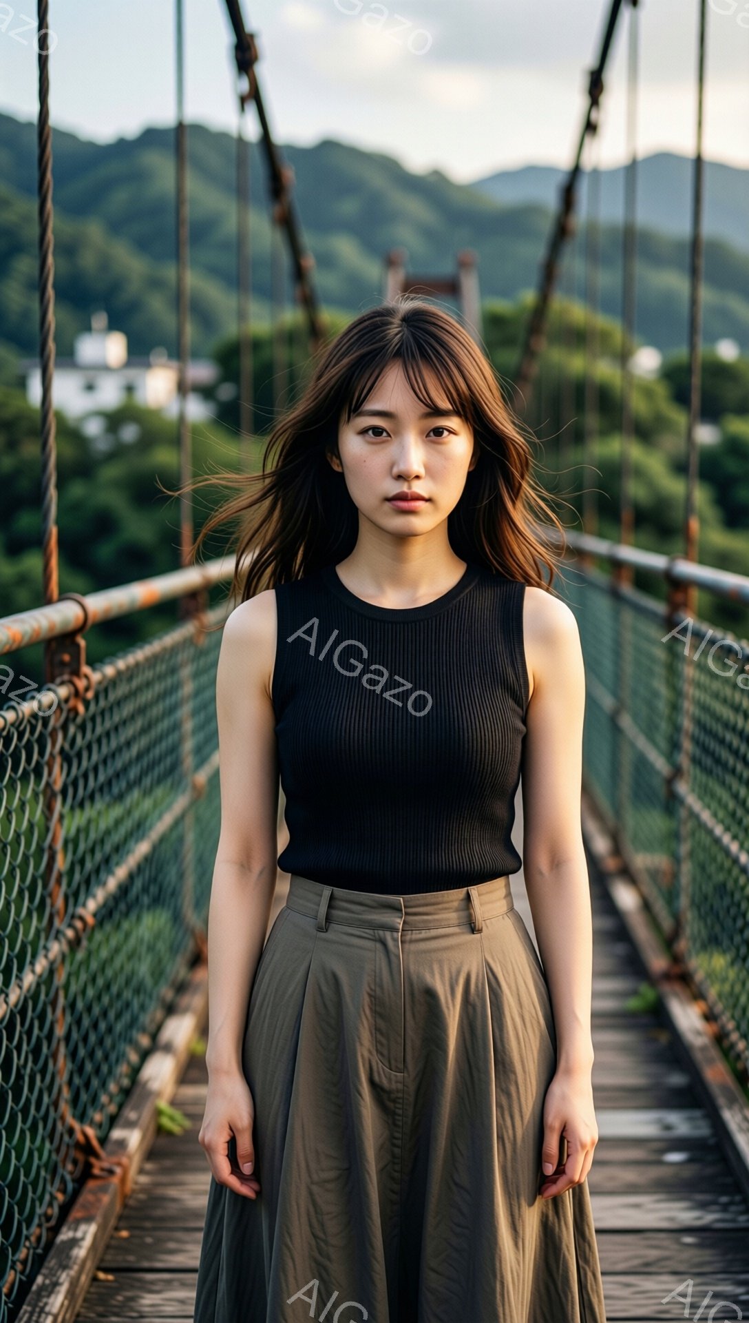 吊り橋の中央で、黒のタンクトップとカーキ色のロングスカートを身に着けた女性が正面を向いて立っている。彼女は前髪が目にかかるようにカットされたダークブラウンのロングヘアで、表情はやや無表情で冷静だ。背景には緑豊かな山々と遠くに見える建物があり、天候は曇りだが、全体的に落ち着いた雰囲気である。