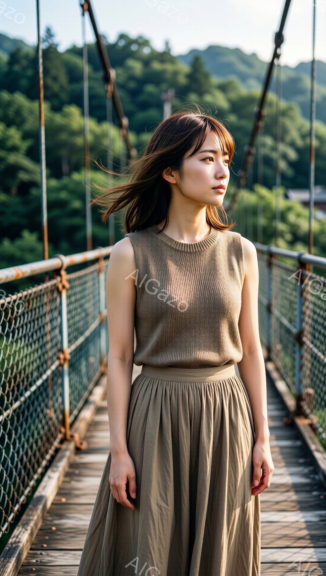茶色いニットベストと、同じく茶色いプリーツスカートを身につけた女性が、木製の吊り橋を歩いています。彼女は少し横を向き、遠くを見つめており、髪は風になびいています。背景には緑豊かな山々と、橋のワイヤーが広がり、穏やかで自然な雰囲気を醸し出しています。