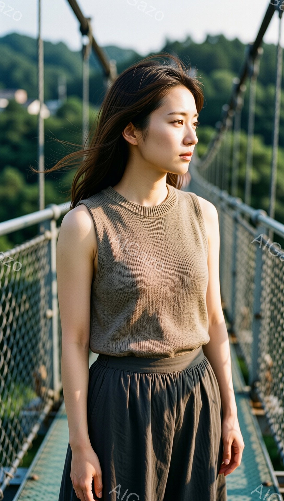 モデルは茶色のニットベストと濃いグレーのスカートを身に着け、ゆるく巻かれたロングヘアが風になびいています。彼女は橋の上で横顔を見せ、どこか遠くを見つめており、穏やかで物憂げな表情を浮かべています。背景には緑豊かな山々と、橋の構造がうっすらと見え、自然と人工物が調和した静かで幻想的な雰囲気が漂っています。