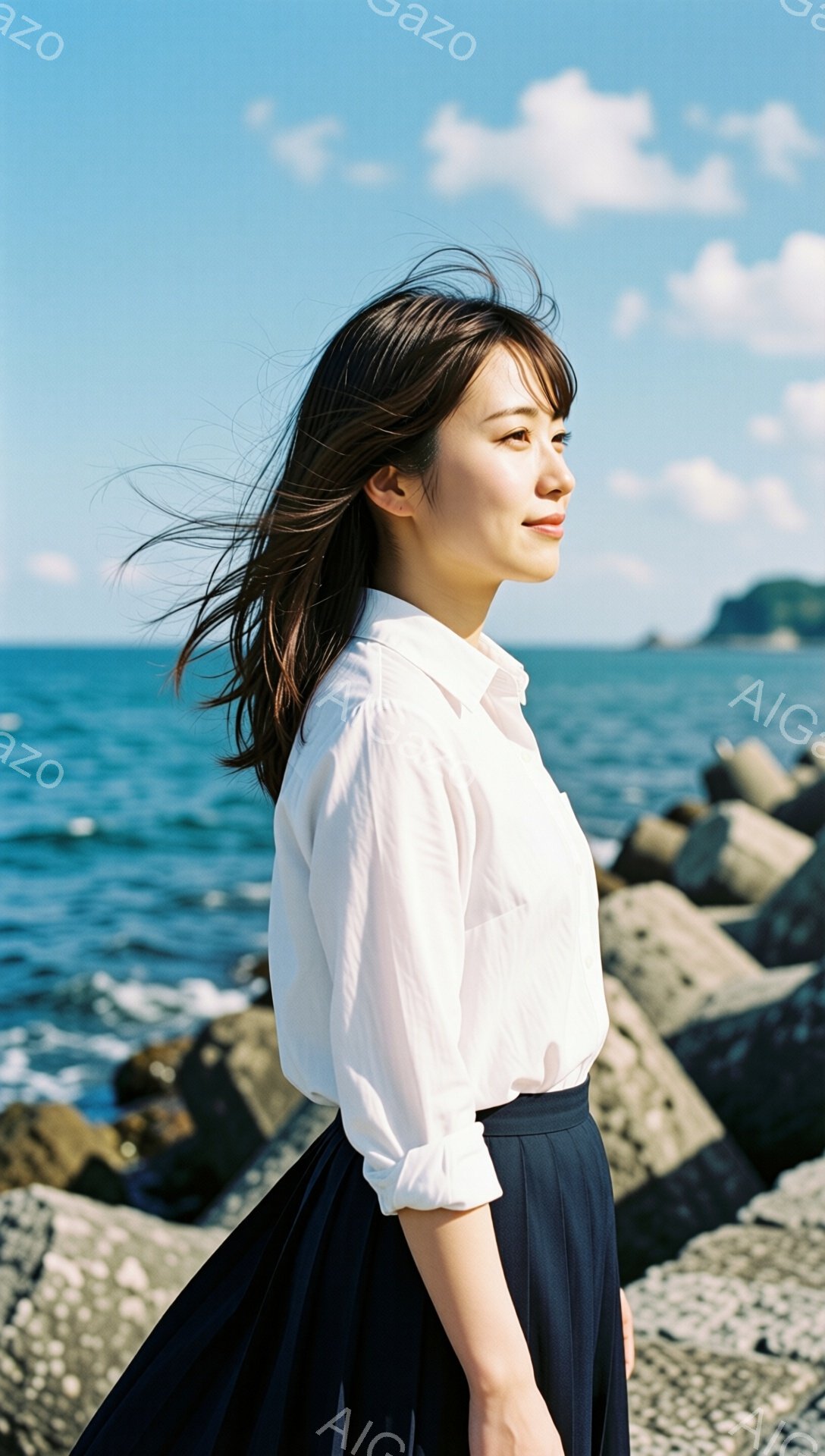 長い黒髪を風になびかせながら、白いブラウスと濃い青色のスカートを身に着けた女性が、海を背景に横を向いて立っている。彼女の表情は穏やかで、少し微笑んでいるように見える。背景には青い空と海、そして岩場が広がり、晴れた日の穏やかな雰囲気が漂っている。