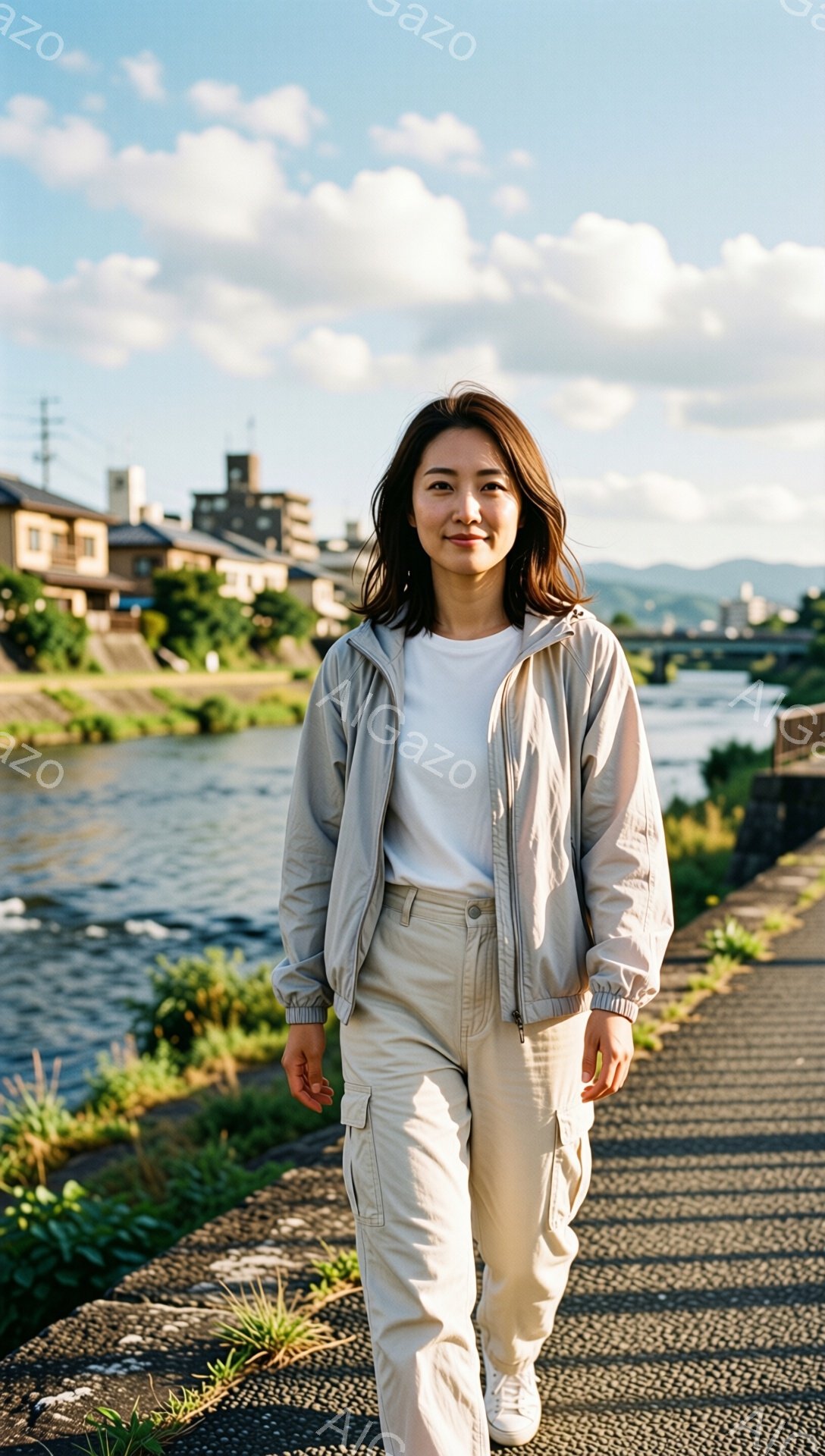 長い茶色の髪を肩にかける女性が、灰色のウィンドブレーカーとベージュのカーゴパンツ、白いスニーカーを身に着けて歩道で正面を向いて立っている。彼女は穏やかな笑顔で、背景には川と緑豊かな植物、そして遠くの山々が見える。晴れた空と穏やかな光が、リラックスした雰囲気を醸し出している。