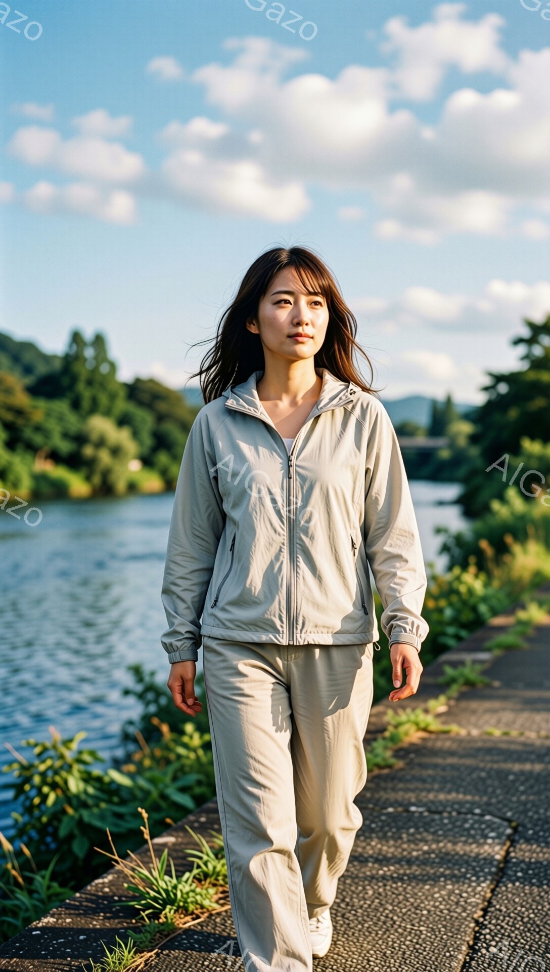 明るい日差しの下、女性が歩道を歩いている。オフホワイトのジャージ上下と白いスニーカーを着用し、長い黒髪を風になびかせている。背景には川と緑豊かな植物が見え、穏やかで爽やかな雰囲気が漂っている。