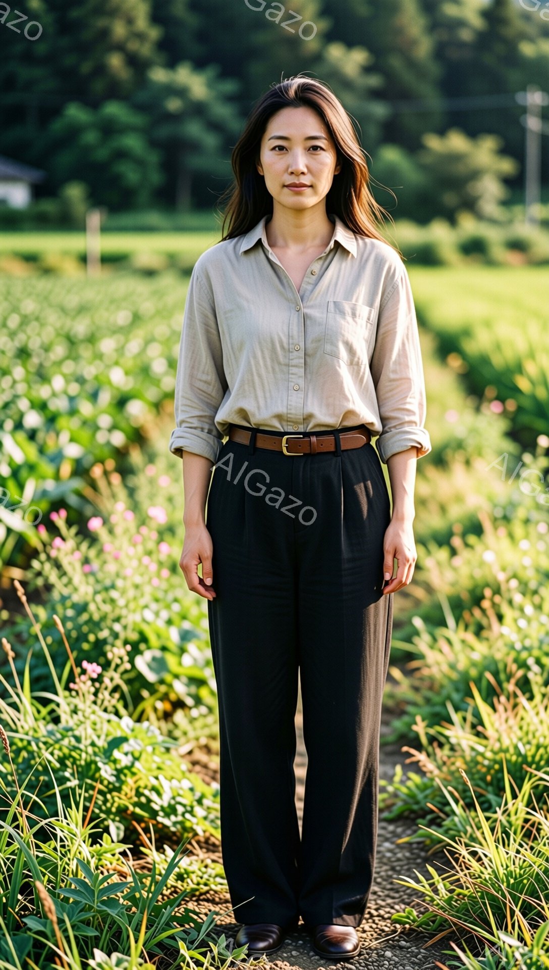 明るい日差しの下、女性が花畑の道に立っている。ベージュのシャツに黒いワイドパンツ、茶色のベルトを合わせ、リラックスした雰囲気を醸し出している。表情は穏やかで、わずかに微笑んでいるように見え、全体的に自然で落ち着いた印象を与える。