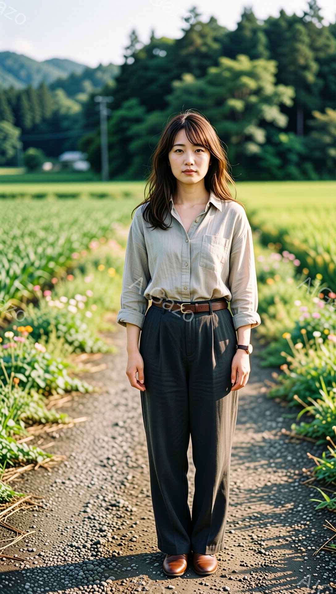 画像には、畑の中を走る砂利道に立つ女性が写っています。ベージュ色のシャツにダークグレーのゆったりとしたパンツ、そして茶色の革靴を履き、少し物憂げな表情でカメラを見ています。背景には緑豊かな畑と遠くの山々が広がっており、穏やかで落ち着いた雰囲気が漂っています。