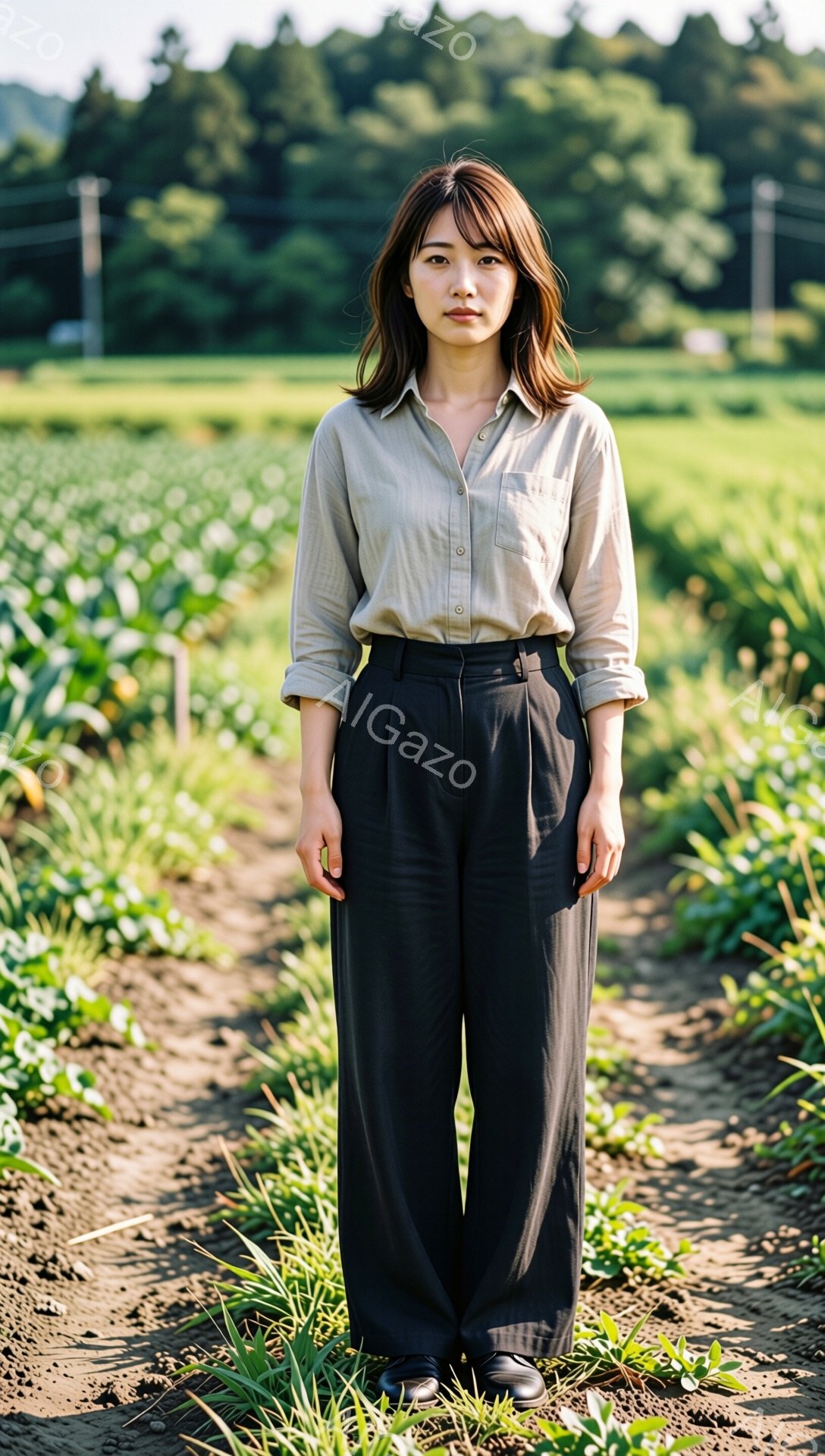 画像には、緑豊かな畑の中央に立つ女性が写っている。ベージュ色のシャツとワイドレッグの黒いパンツを着用し、少し微笑んだ表情でカメラを見ている。背景には、さまざまな緑色の植物と、遠くに見える山々が広がり、 - AI生成フリー素材