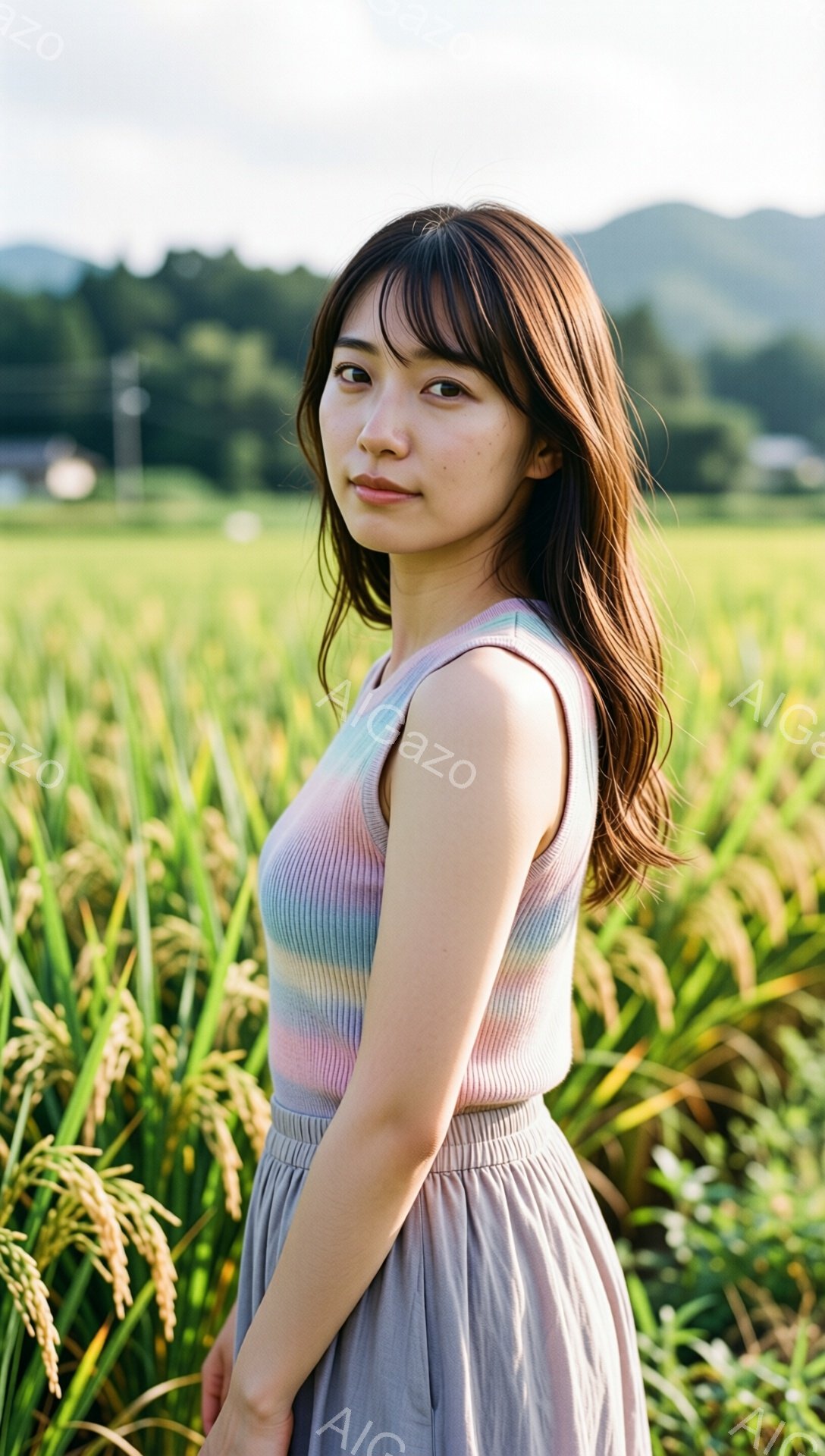 長い茶色の髪をした若い女性が、稲田の中で少し振り返ってこちらを見ている。彼女は虹色のタンクトップと灰色のスカートを着ており、穏やかで優しい表情をしている。背景には緑豊かな稲田が広がり、遠くには山々が見える、穏やかで牧歌的な雰囲気の写真だ。