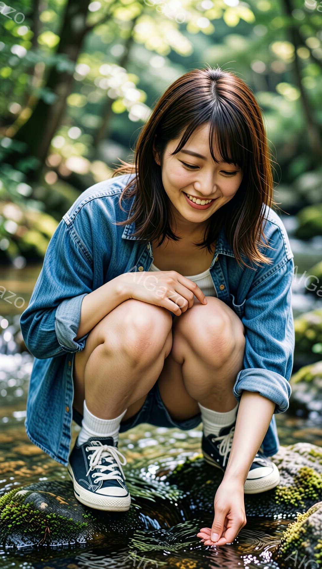 若い女性がしゃがみ込み、川の水に指を浸れています。彼女はデニムジャケット、白いTシャツ、スニーカーを着用し、肩まで届くダークブラウンのヘアスタイルで、笑顔を浮かべています。背景は緑豊かな植物と水面で、 - AI生成フリー素材