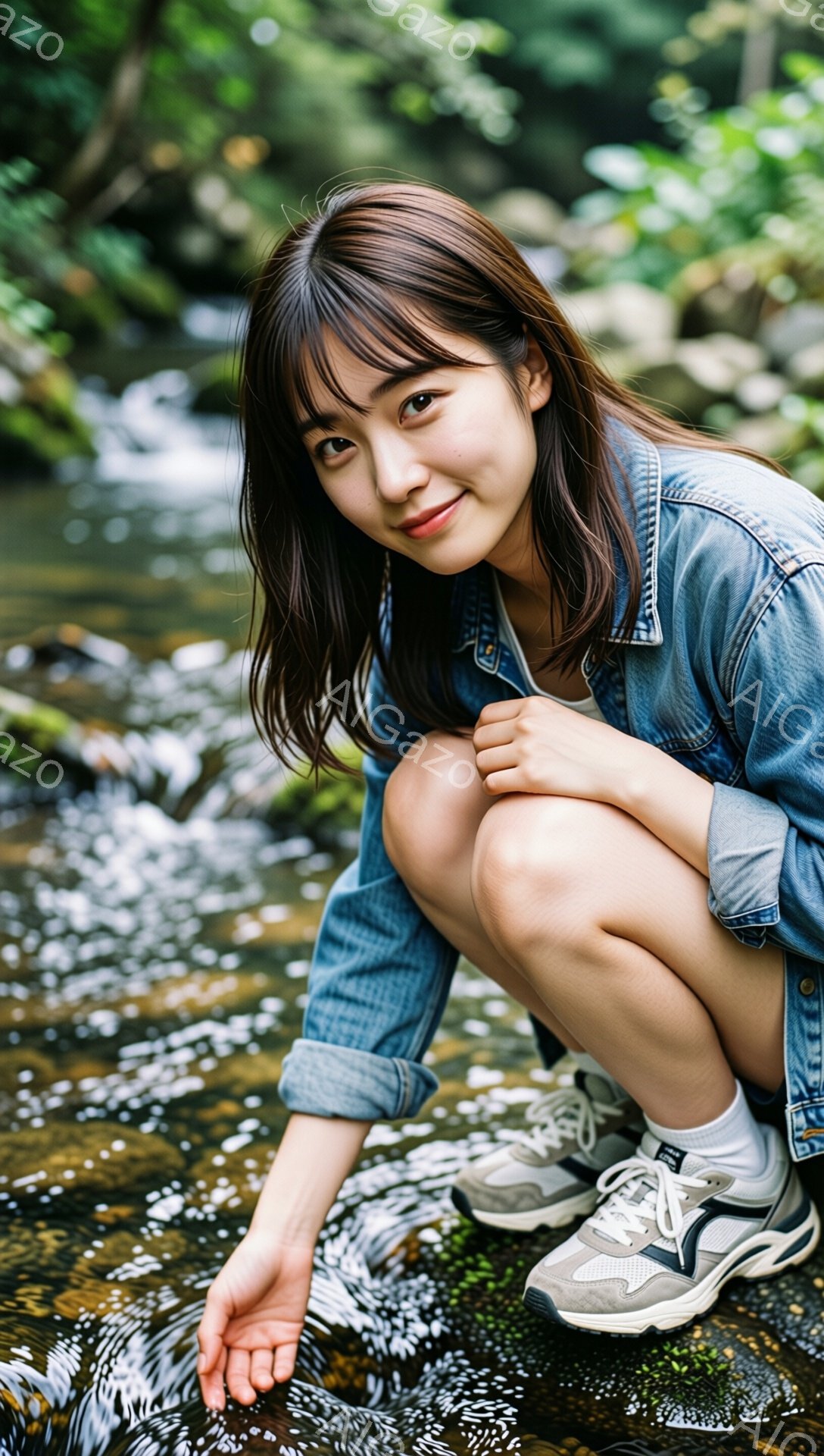 若い女性が水辺にしゃがみこんでおり、デニムジャケットと短いショートパンツ、スニーカーを着用しています。彼女は笑顔で、片手を水面に近づけ、水しぶきを眺めているようです。背景には緑豊かな木々が広がり、水面は光を反射してキラキラと輝いており、自然の中でリラックスした雰囲気が漂っています。