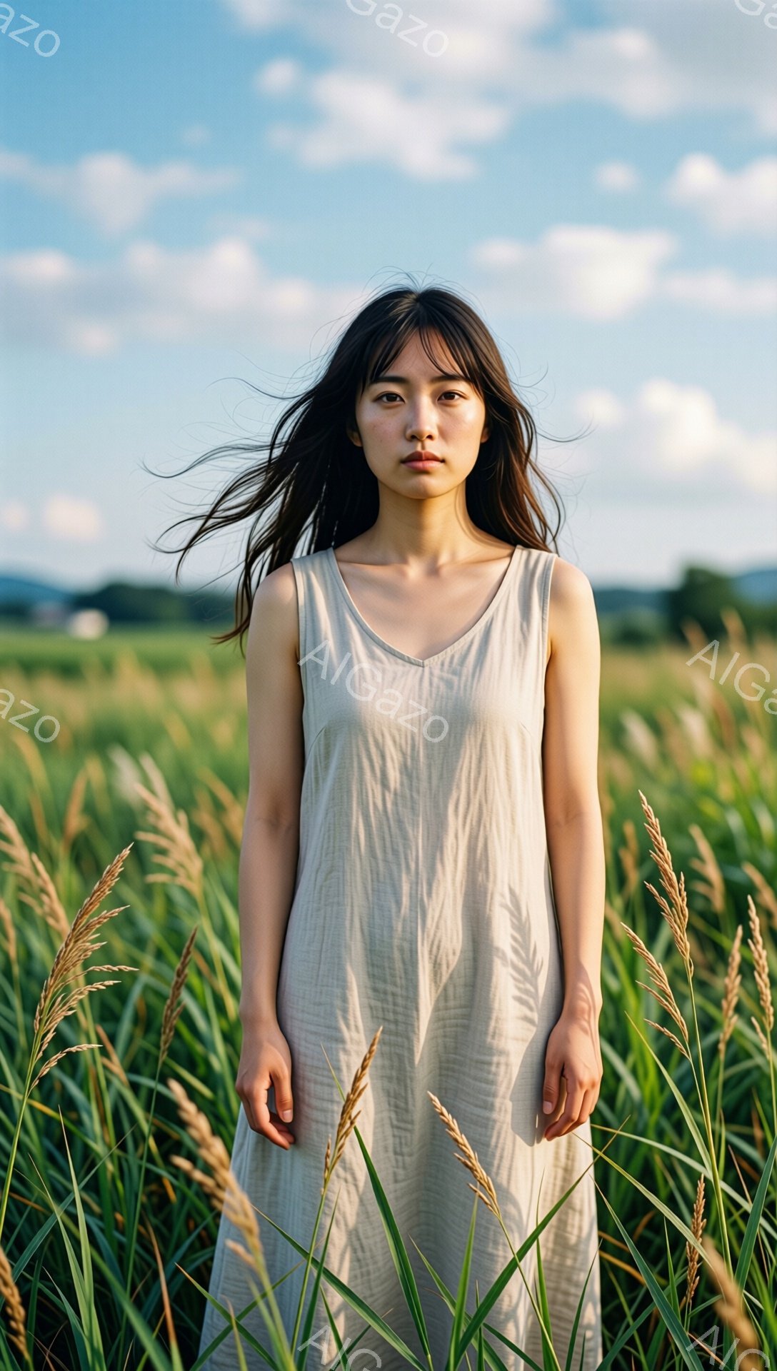 長い黒髪を風になびかせ、ベージュ色のシンプルなワンピースを着た女性が写っている。彼女はまっすぐ前を見据え、表情は穏やかでどこか憂いを帯びている。背景は背の高い草が生い茂る野原で、晴天の下、空には白い雲が浮かんでいる。