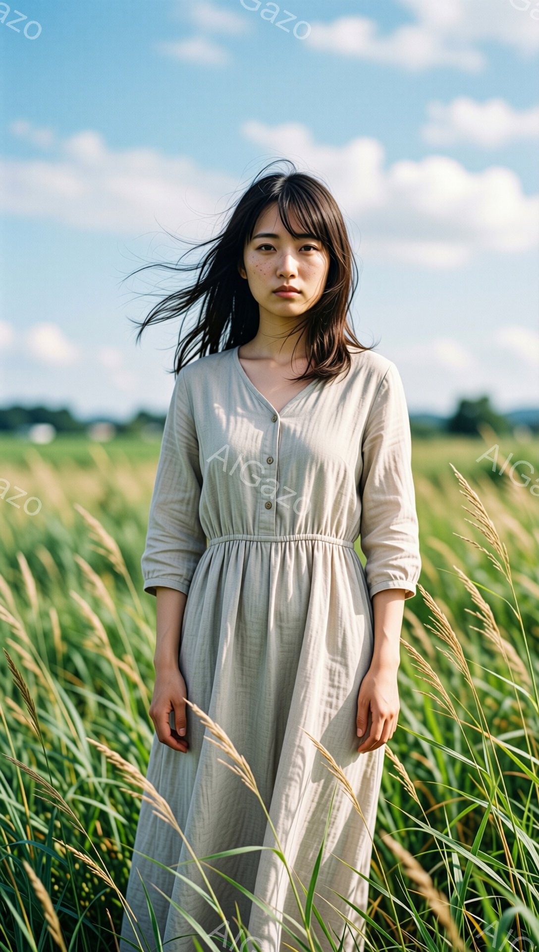 長い髪の女性が、ベージュ色のゆったりとしたワンピースを着て、草原の中に立っている。彼女は少し憂いを帯びた表情で正面を見つめ、風になびく髪が印象的だ。背景には黄金色の草が広がり、青空と白い雲が広がっている、穏やかで物憂げな雰囲気が漂う一枚。