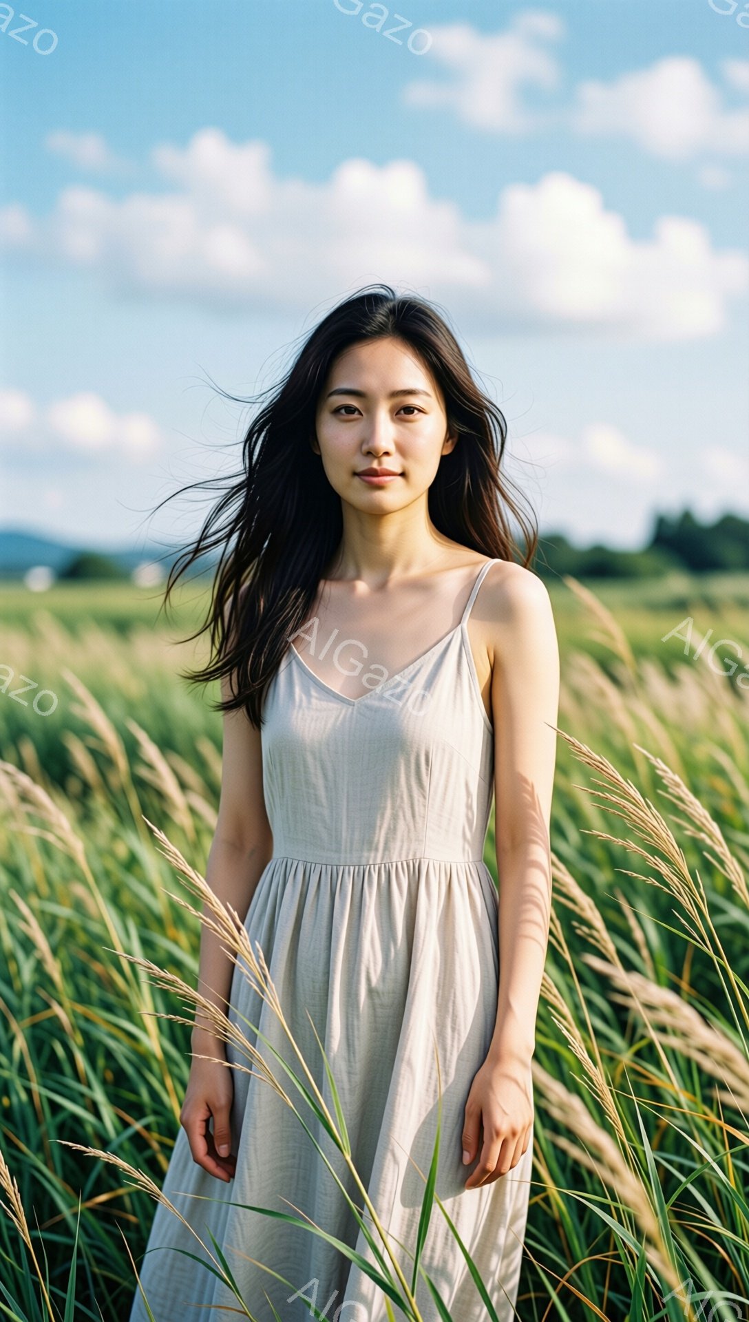 長い黒髪を風になびかせ、ベージュ色のキャミソールワンピースを着た女性が写っている。彼女は穏やかな表情で、少し微笑んでいるように見える。背景には背の高いススキの草原が広がり、晴天の下で自然な雰囲気が漂っている。