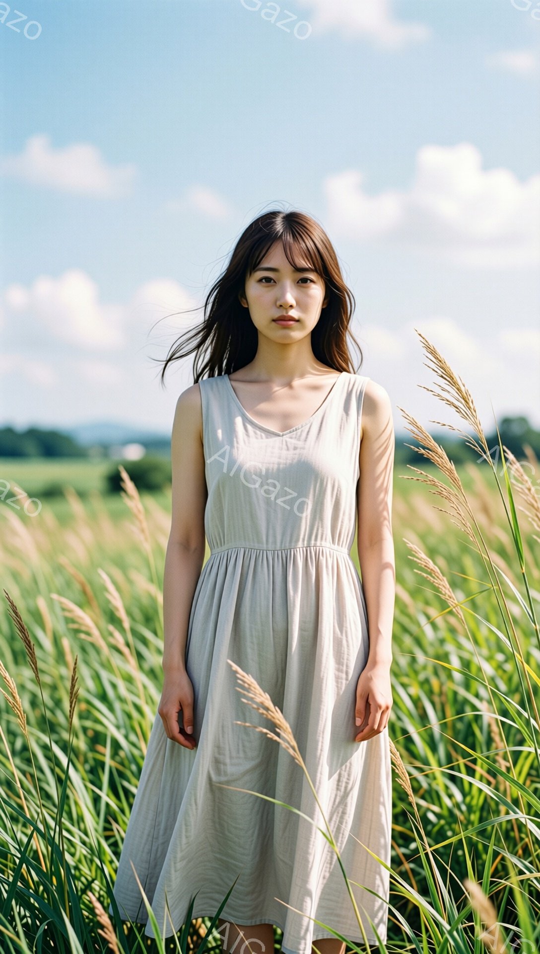 長い黒髪の女性が、ベージュ色のキャミソールワンピースを着て、背の高い草の中に立っている。彼女は正面をまっすぐ見ており、表情は穏やかで少し物憂げだ。背景には青空と緑の田園風景が広がり、夏の晴れた日の優しい雰囲気を醸し出している。