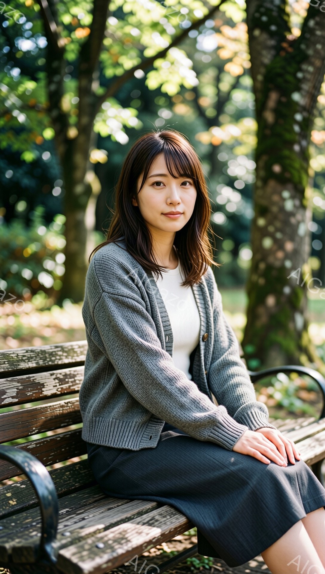 モデルは、グレーのカーディガンと白いインナー、黒のスカートを身につけて公園のベンチに座っています。彼女は軽く微笑んでおり、前髪を短くした茶髪が肩にかかっています。背景には木々が生い茂り、柔らかな光が差し込み、穏やかで落ち着いた雰囲気を醸し出しています。