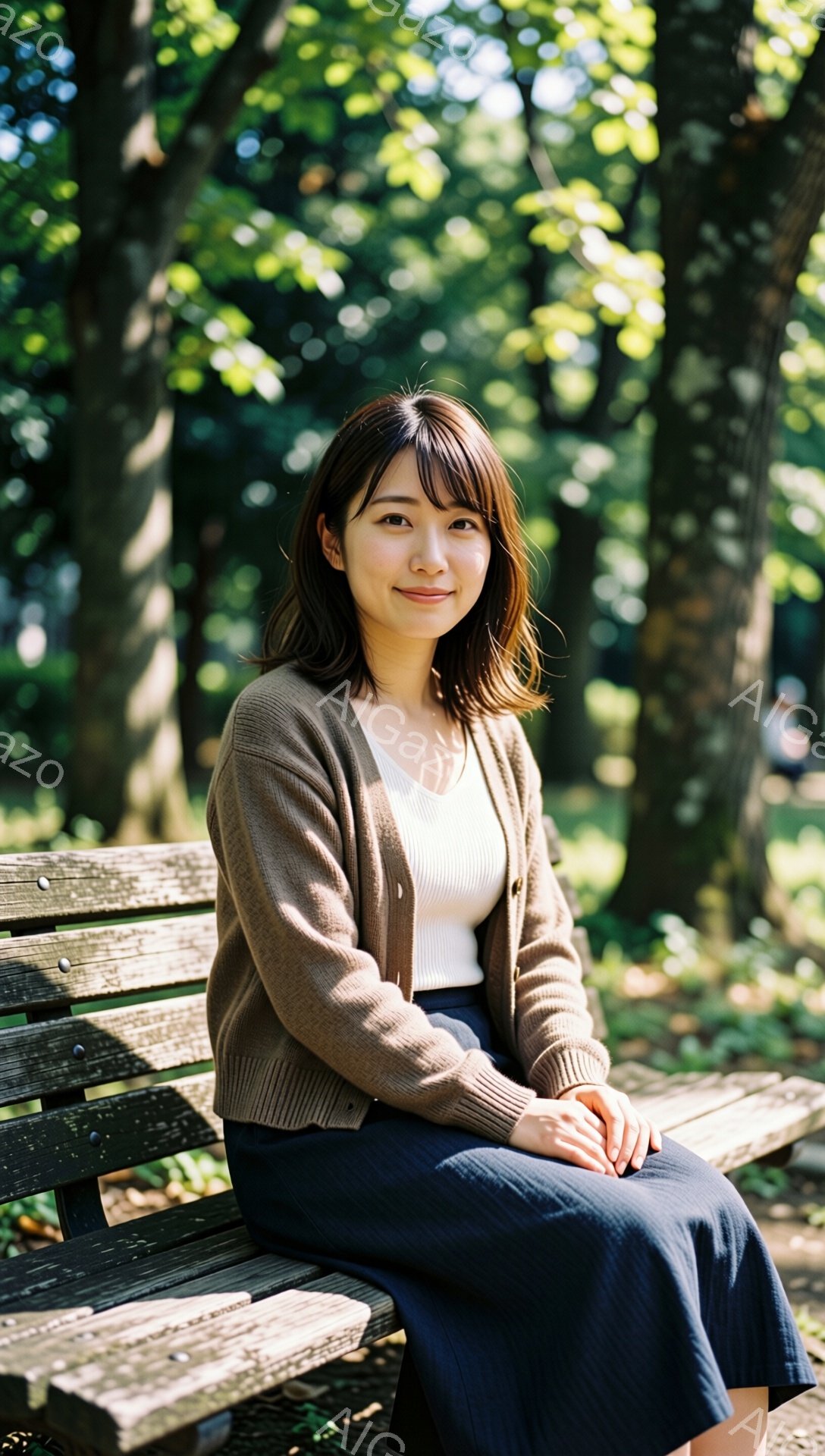 画像には、公園のベンチに座っている若い女性が写っています。ベージュ色のカーディガンに白いインナー、濃い青色のスカートを身に着け、リラックスした表情で穏やかに微笑んでいます。背景には緑豊かな木々が見え、 - AI生成フリー素材