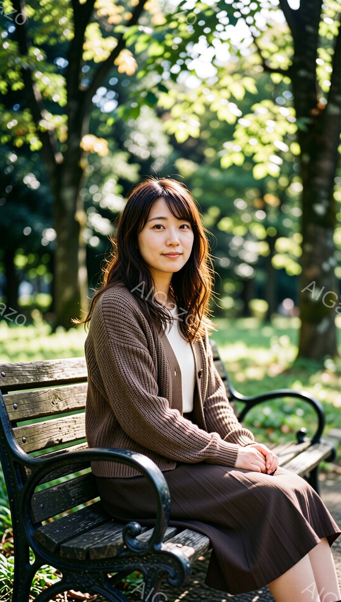 彼女は公園のベンチに座っており、茶色のカーディガンとスカートを着用しています。髪は肩までの長さで、少しカールがかかっています。穏やかな表情で、背景には緑豊かな木々が見え、秋の柔らかな光が差し込んでいます。