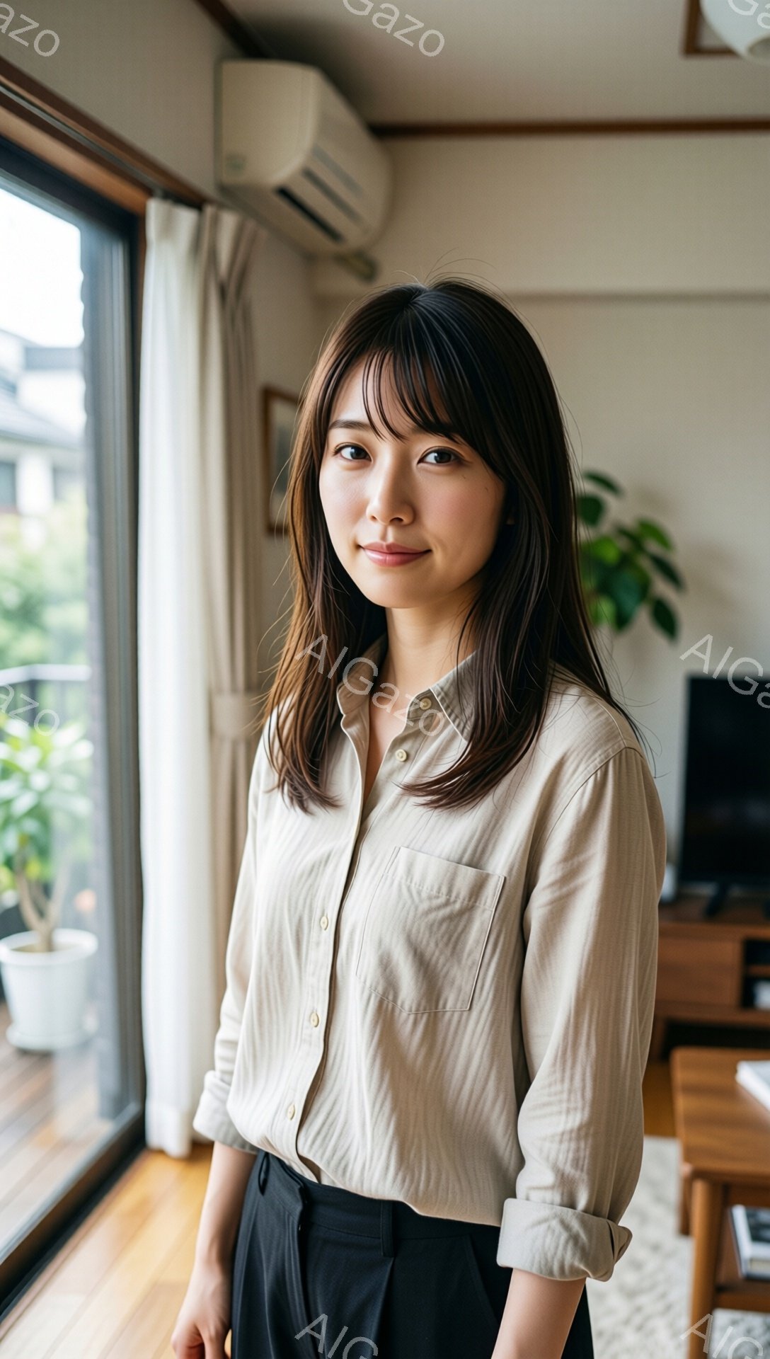 明るい室内で、茶色のシャツと黒いズボンを着用した若い女性が立っている。彼女は軽く微笑み、肩までの長さの髪はゆるやかにウェーブがかかっている。背景には窓があり、緑豊かな植物が見え、穏やかでリラックスした雰囲気を醸し出している。
