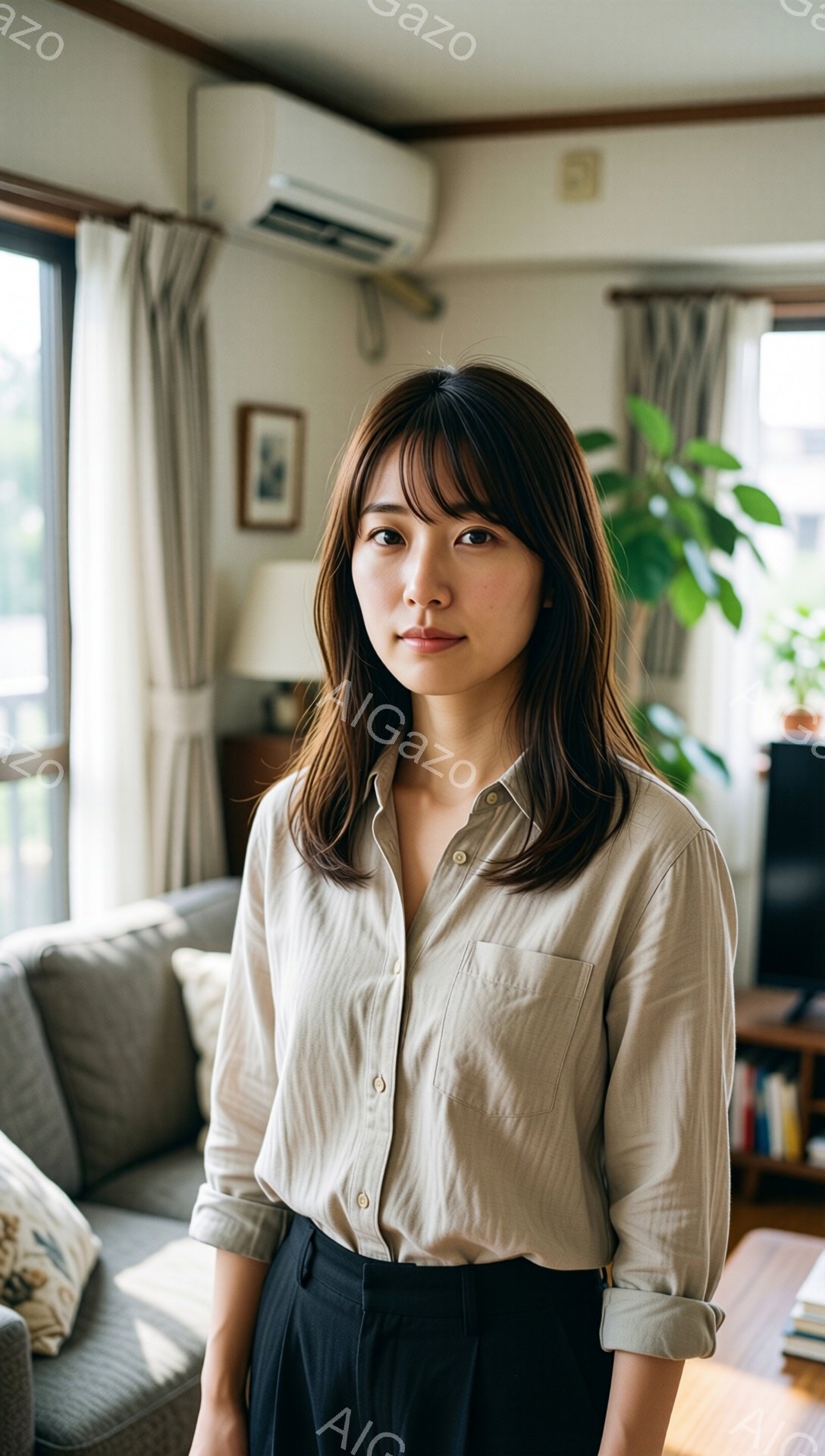 画像は、明るい室内でベージュのシャツと黒いズボンを身につけた女性を捉えています。彼女は肩までの長さの茶髪で、前髪が目にかかるヘアスタイルです。表情は穏やかで、わずかに微笑んでいるように見え、リラックス - AI生成フリー素材