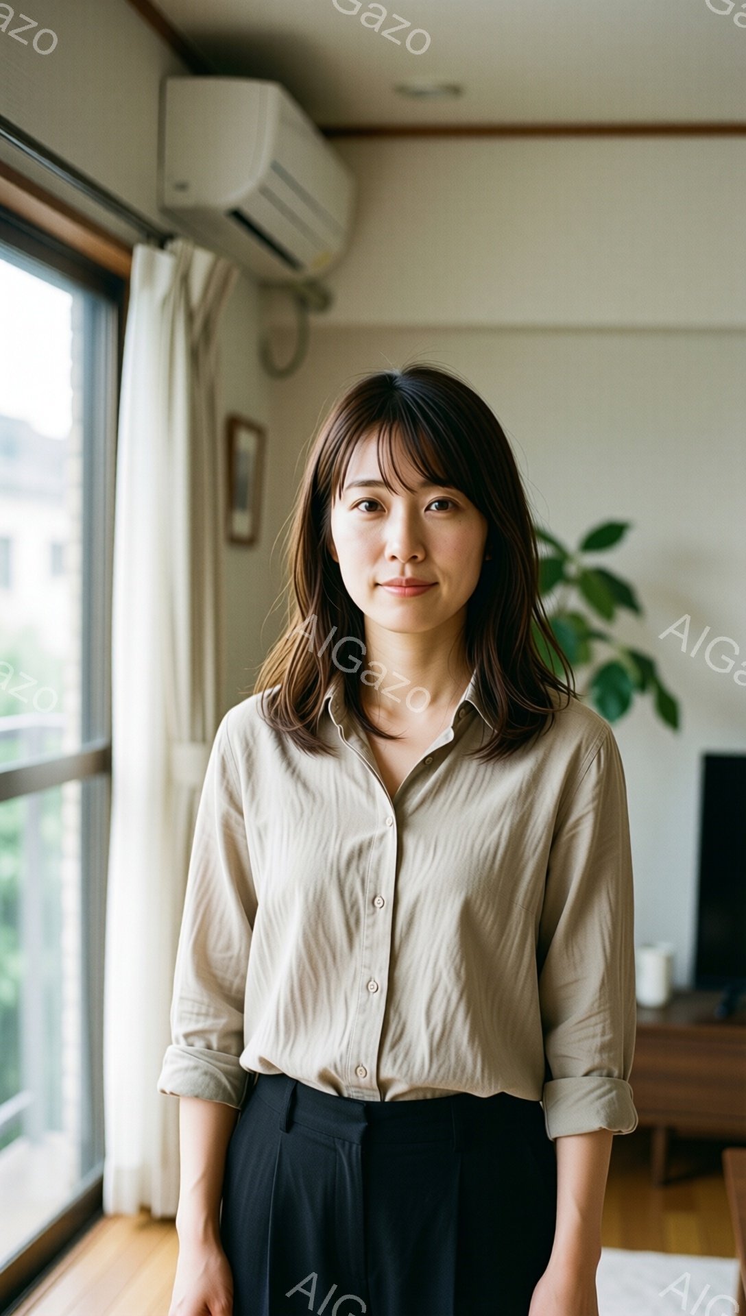 女性はベージュ色のシャツと黒いパンツを着用し、自然な笑顔を浮かべています。髪は肩にかかるくらいの長さで、軽くカールがかかっています。背景には窓とカーテンが見え、部屋の内装の一部がぼやけて写っています。