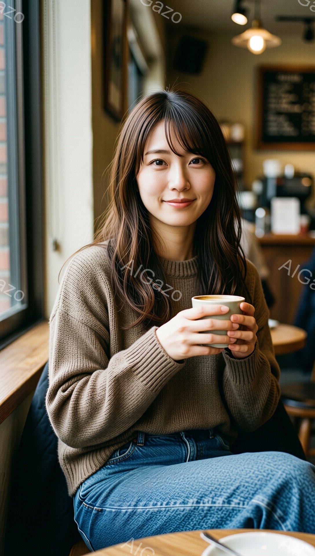 明るい茶色のセーターを着た若い女性が、温かい飲み物を両手で抱え、微笑んでいます。彼女は肩までの長さのゆるいウェーブヘアで、リラックスした雰囲気です。背景にはカフェの店内が見え、木製のテーブルと黒板のメニューがぼやけています。