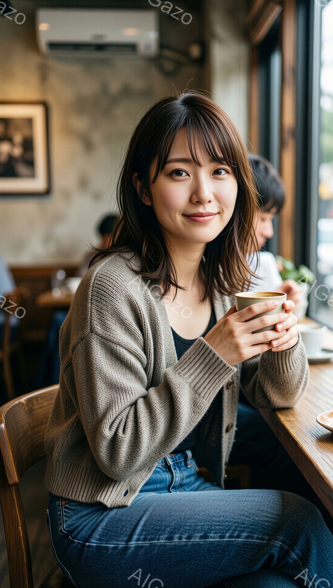 画像には、明るい笑顔を浮かべた若い女性が写っています。彼女はベージュのカーディガン、黒いインナー、そしてデニムのジーンズを着用し、両手で温かい飲み物が入ったカップを持っています。背景には、カフェのテー - AI生成フリー素材