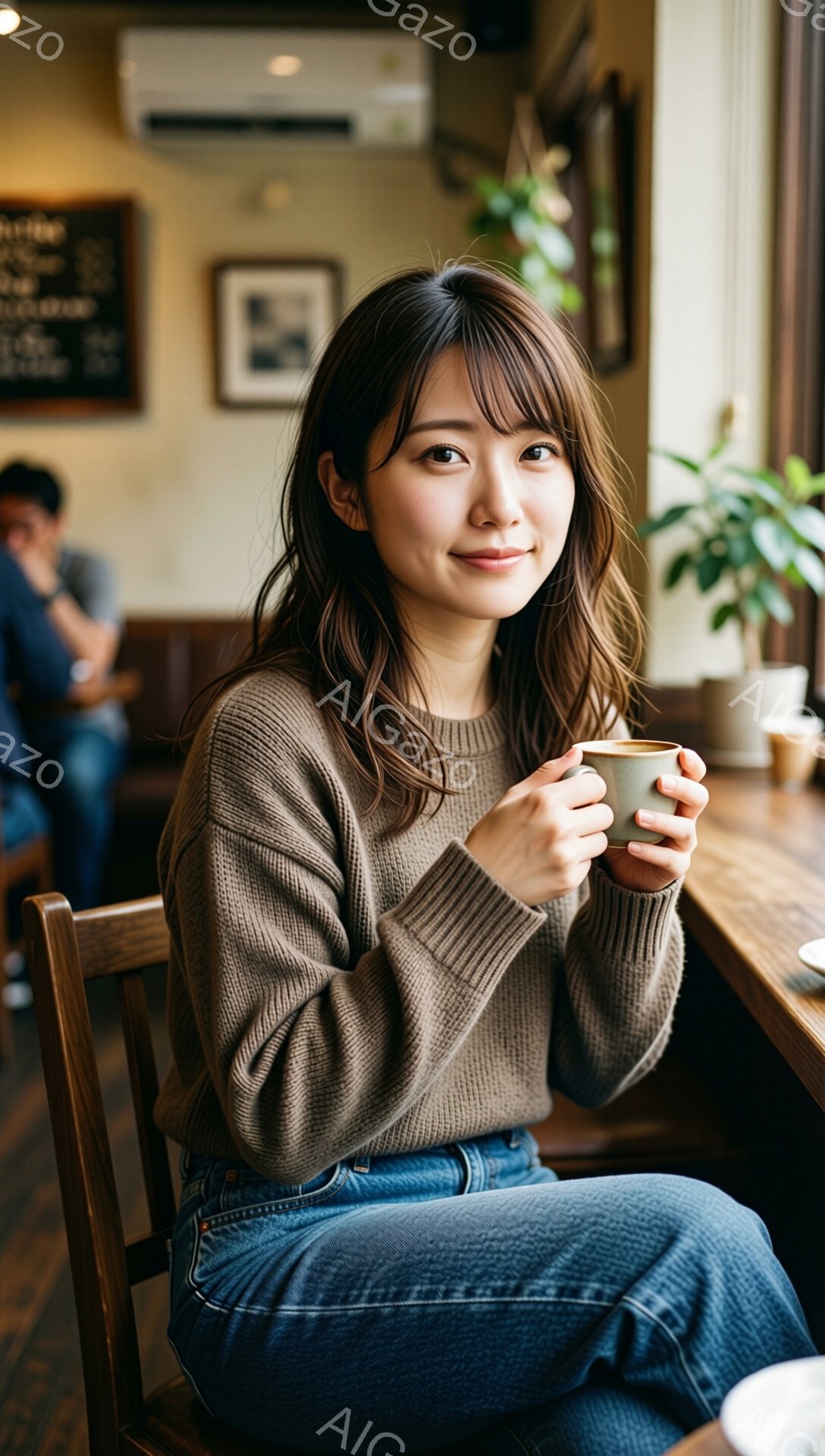 浅い茶色のニットセーターと濃いデニムのジーンズを身に着けた女性が、温かい飲み物を両手で抱えて微笑んでいます。彼女は茶色の長い髪をしており、リラックスした表情で座っています。背景には木製のテーブル、観葉植物、そしてぼやけた人物が少し見え、カフェのような落ち着いた雰囲気です。