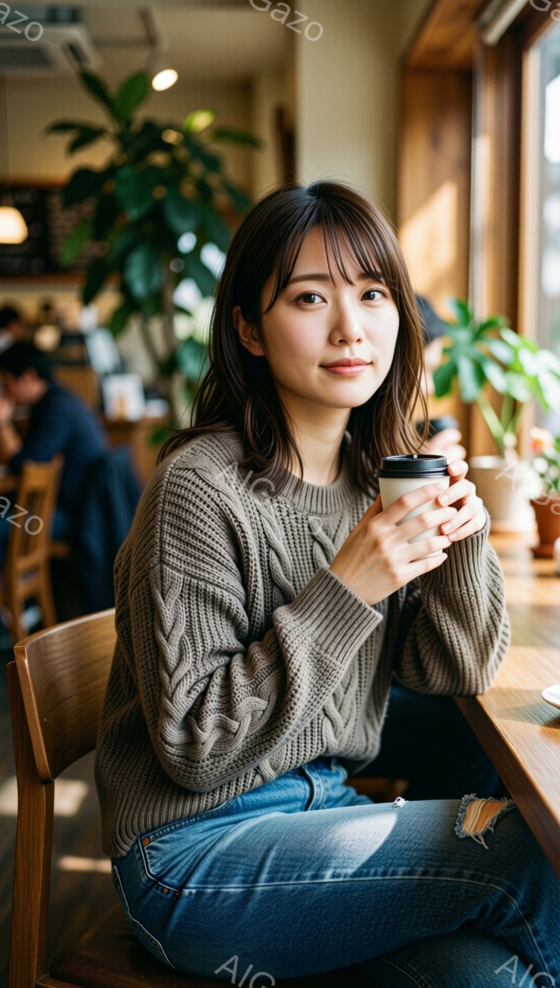 画像には、カフェのような場所でホットドリンクを両手で抱える若い女性が写っています。彼女は茶色のケーブルニットセーターとデニムパンツを着ており、前髪のあるダークブラウンの髪を下ろしています。穏やかな表情で、リラックスした雰囲気の中で暖かさを楽しんでいるようです。