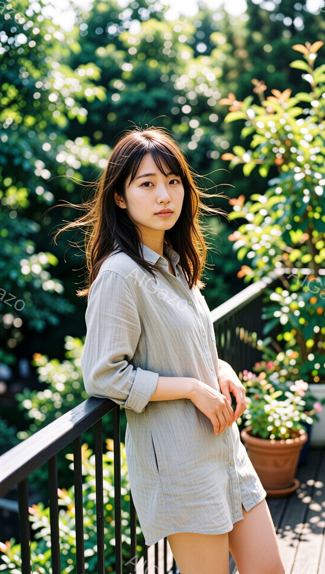 長いダークブラウンの髪をした若い女性が、ベージュ色のシャツドレスを着てバルコニーの手すりに寄りかかっています。彼女は穏やかな表情でカメラを見つめており、カジュアルでリラックスした雰囲気です。背景には緑豊かな植物と、ぼやけた建物のシルエットが見え、暖かい日差しが降り注いでいます。