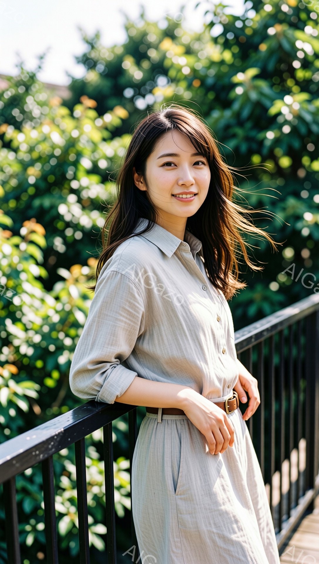 明るい日差しの下、女性がベージュ色のシャツとパンツのセットアップを着て、黒い手すりに寄りかかっています。彼女は少し微笑み、長い髪は肩にかかるように自然に流れています。背景には緑豊かな木々が見え、穏やか - AI生成フリー素材