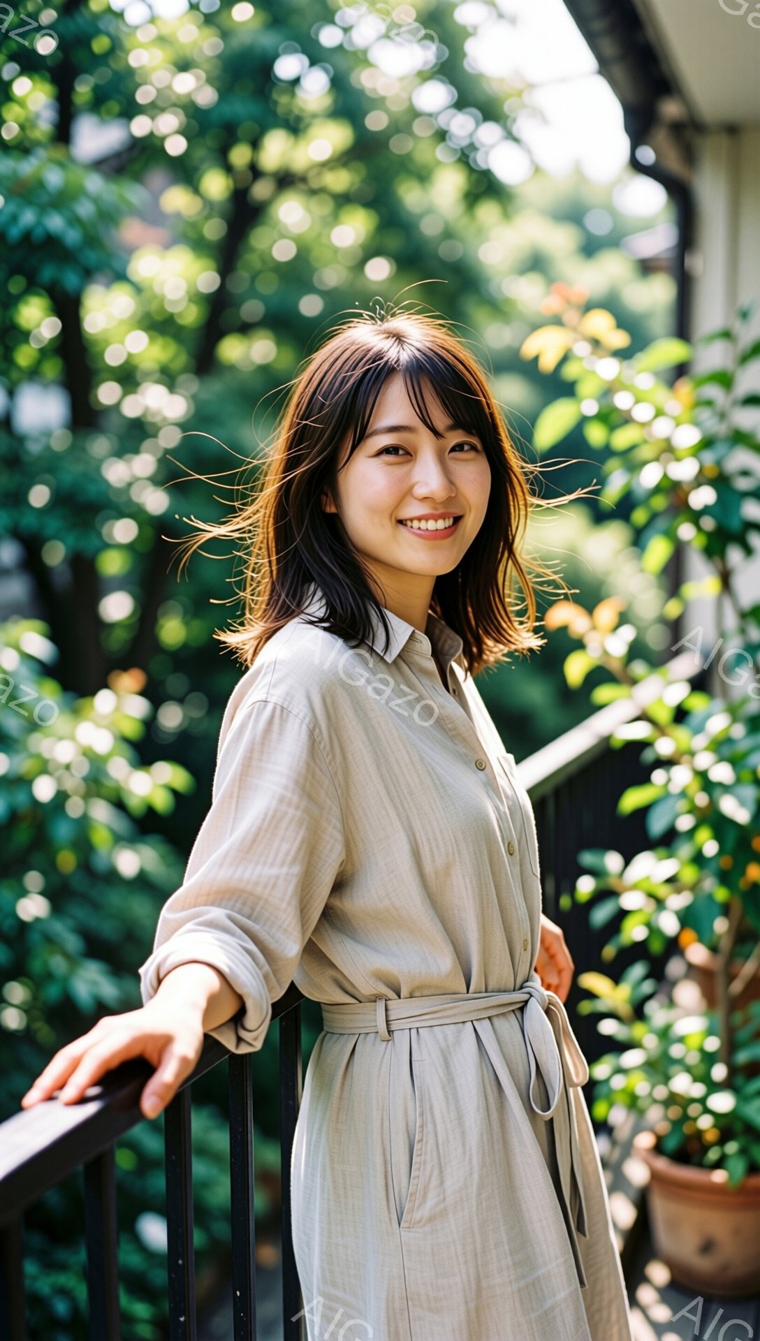 彼女はベージュ色のシャツドレスを着ており、ウエストがベルトで絞られています。少し微笑んでおり、肩までの長さのダークブラウンの髪が自然に肩にかかっています。背景には緑豊かな植物と建物のぼかしがあり、日差しが差し込む穏やかな屋外の様子がうかがえます。