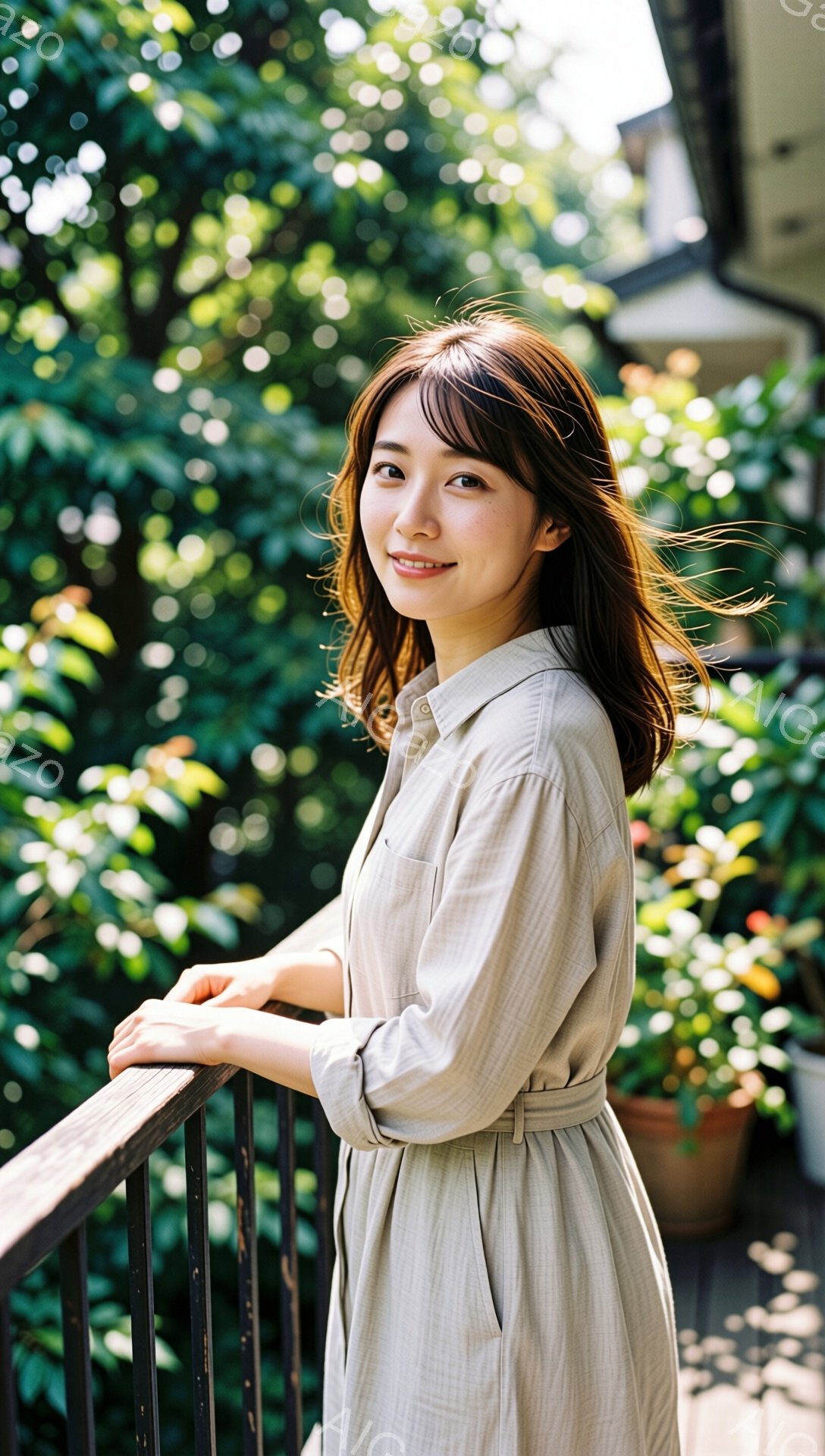 明るい日差しの中で、ベージュ色のリネン風のロングワンピースを着た若い女性が写っています。彼女は軽く微笑み、肩までの長さの茶髪をサイドに流して、バルコニーの手すりに片手を添えて立っています。背景には緑豊かな植物と、ぼんやりと見える建物があり、穏やかでリラックスした雰囲気が漂っています。