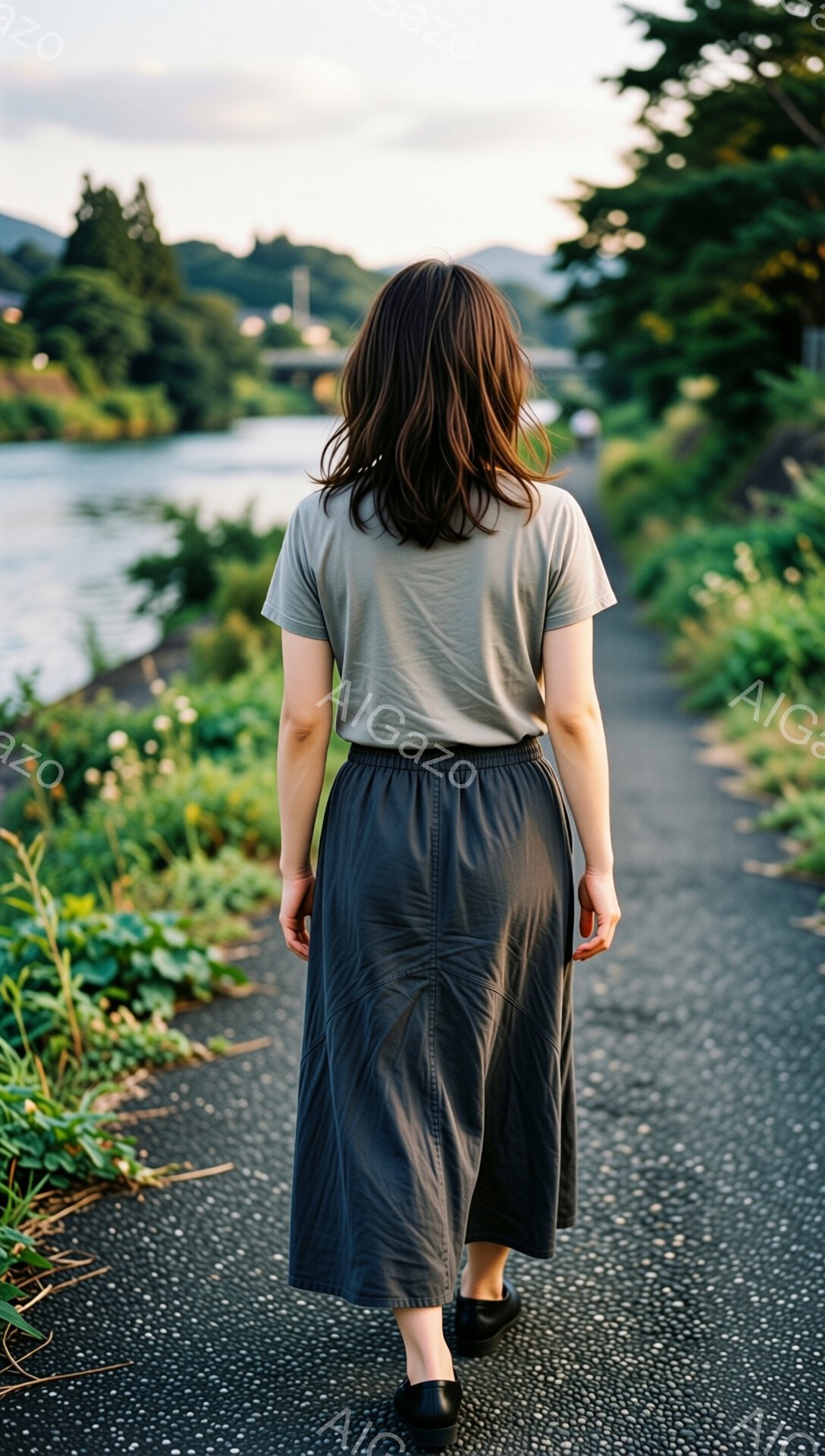 後ろ姿の女性がアスファルトの道を進んでいます。彼女は薄緑色のTシャツとダークグレーのミモレ丈スカートを着用し、黒い靴を履いています。道の両脇には緑豊かな草木が生え、遠くには川と緑の丘が見え、穏やかで静かな雰囲気です。