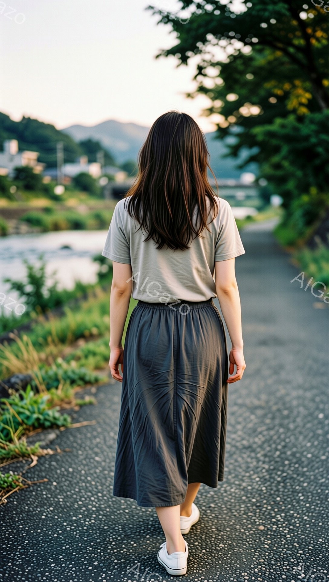後ろ姿の女性がアスファルトの道の上を歩いている。ベージュのTシャツと濃いグレーのフレアスカートを着用し、黒髪のロングヘアが背中に広がっている。道沿いには緑が生い茂り、背景には川と遠くの山々が見え、穏やかで自然豊かな雰囲気が漂っている。