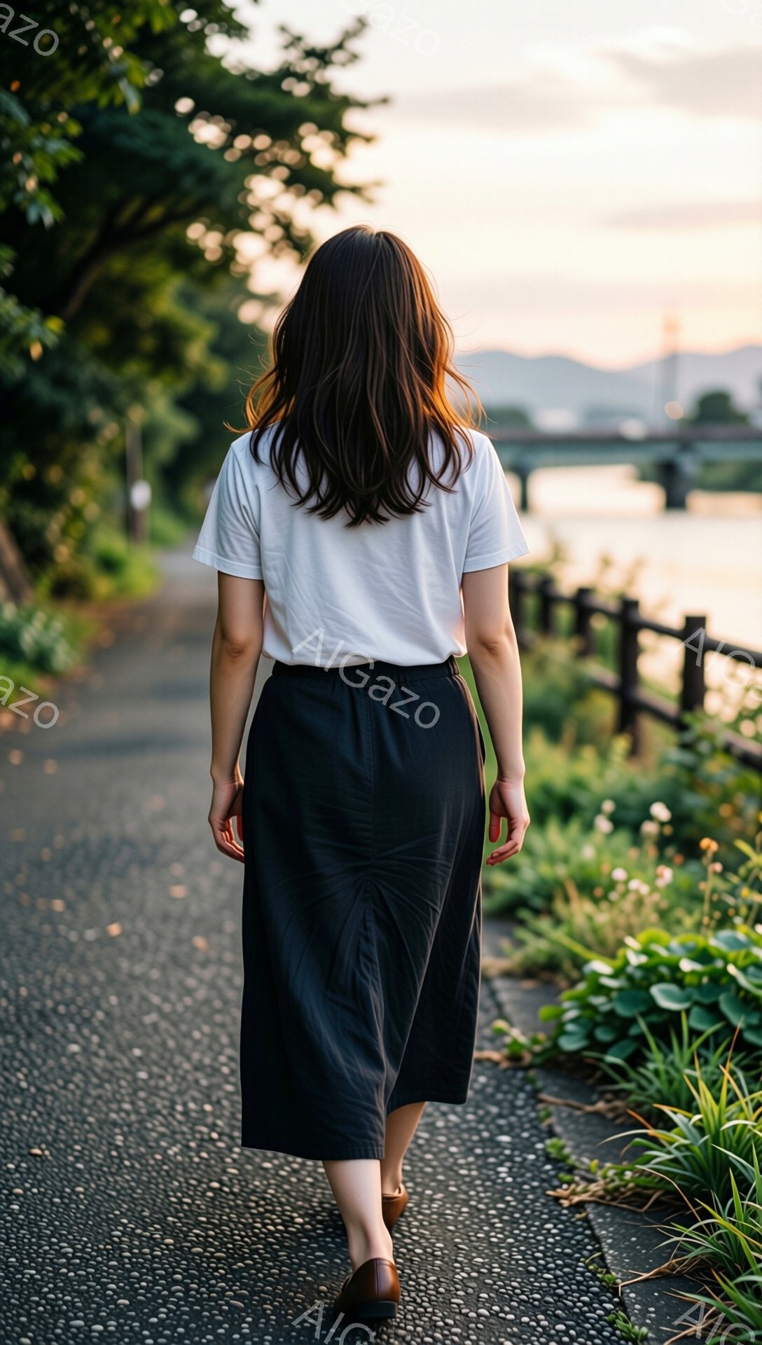 後ろ姿の女性がアスファルトの道を進んでいます。白のTシャツと黒のロングスカートを身に着け、茶色の靴を履いています。背景には緑豊かな植物と川、そして遠くに見える橋があり、夕焼け空が穏やかな雰囲気を醸し出しています。