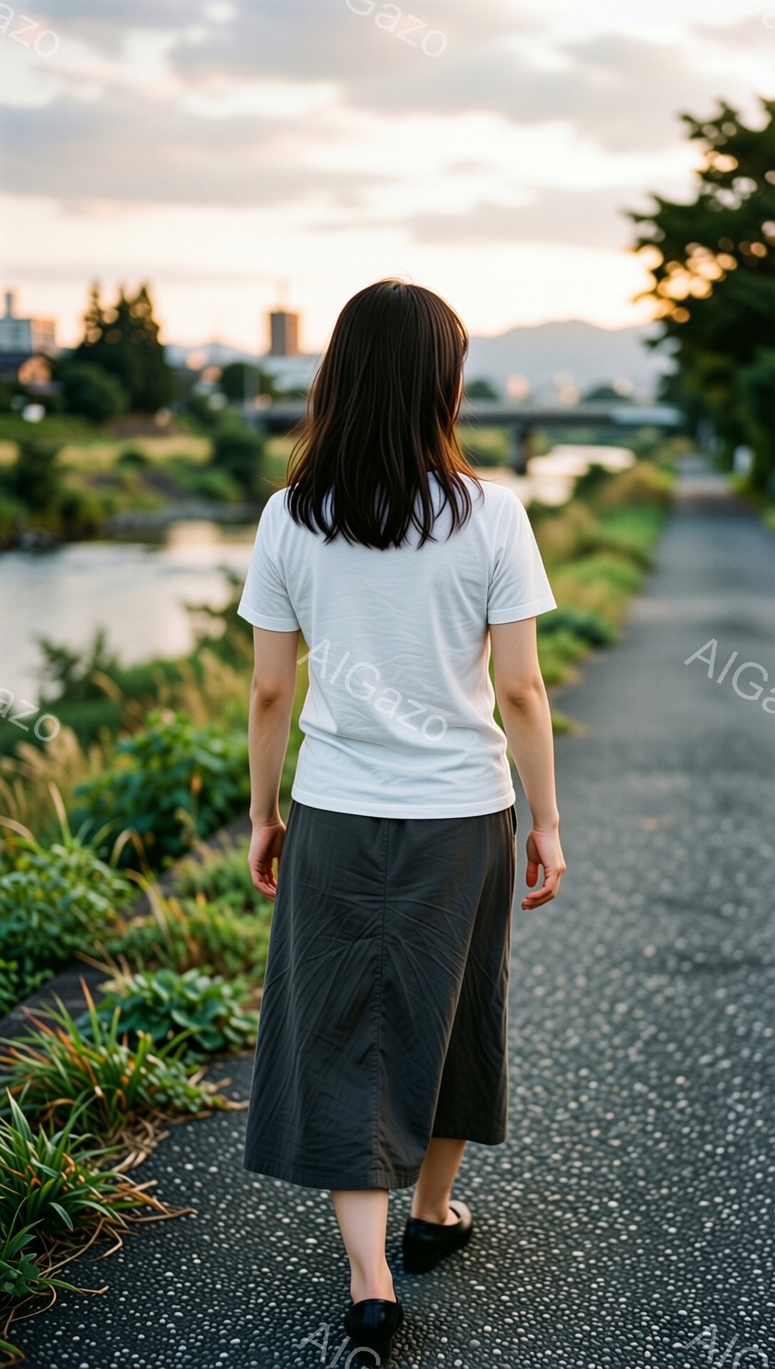 後ろ姿の女性がアスファルトの道を進んでおり、白いTシャツと濃いグレーのミモレ丈スカート、黒い靴を履いています。背景には緑豊かな草地と川が広がり、遠くには建物と夕焼け空が見えます。穏やかで静かな雰囲気で、どこか懐かしいノスタルジックな印象を与えます。