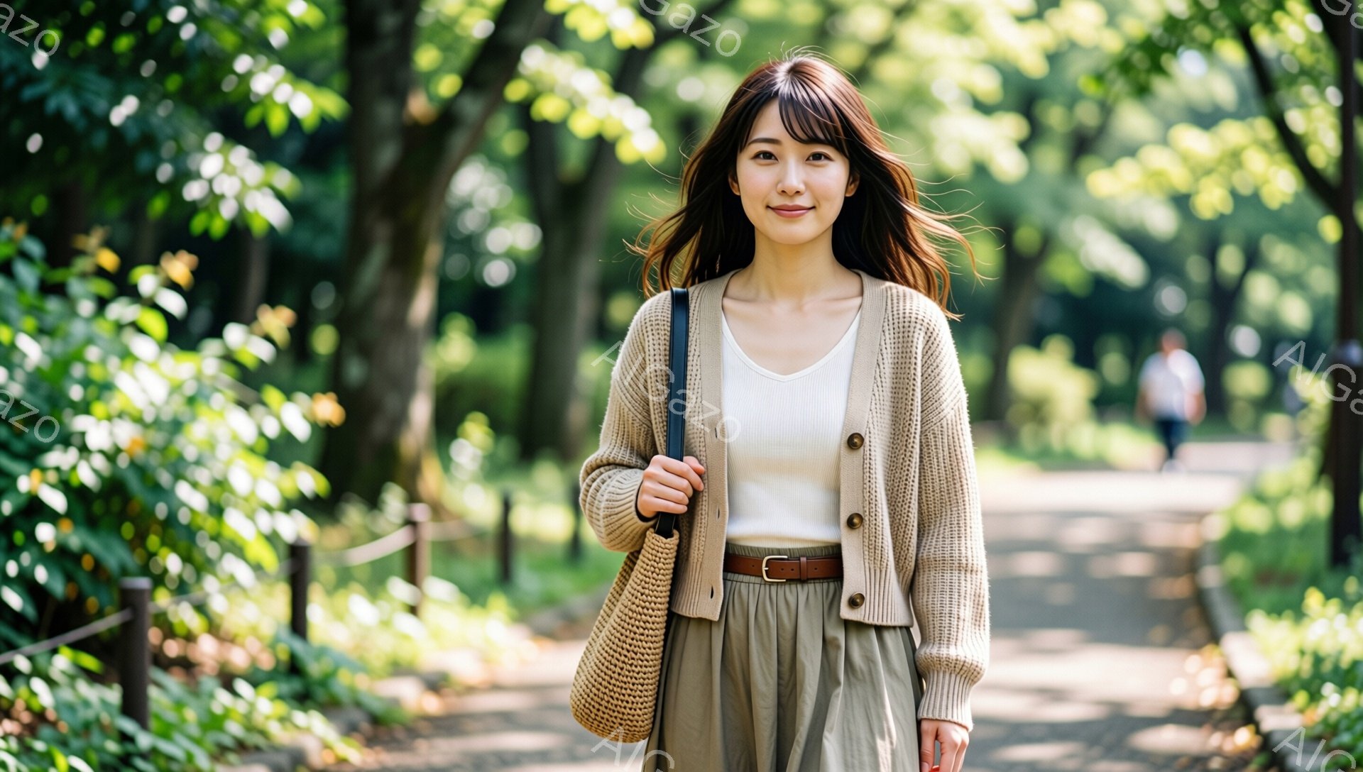 長い茶色の髪を肩にかかるように下ろし、前髪は眉毛にかかる程度に揃えられた女性が、ベージュ色のニットカーディガンとキャミソール、モスグリーンのワイドパンツを身につけている。彼女はわずかに微笑み、肩に編ん - AI生成フリー素材